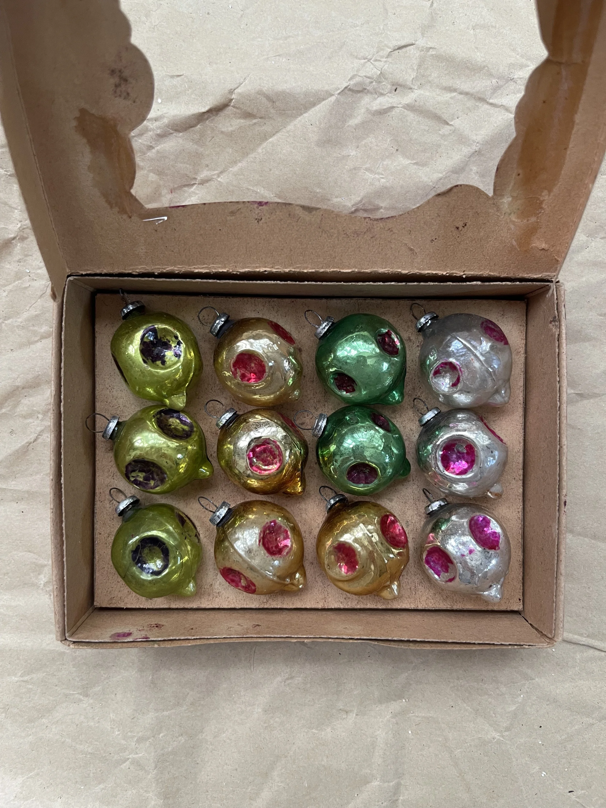 Vintage Box of Indent Feather Christmas Ornaments, Set of 12