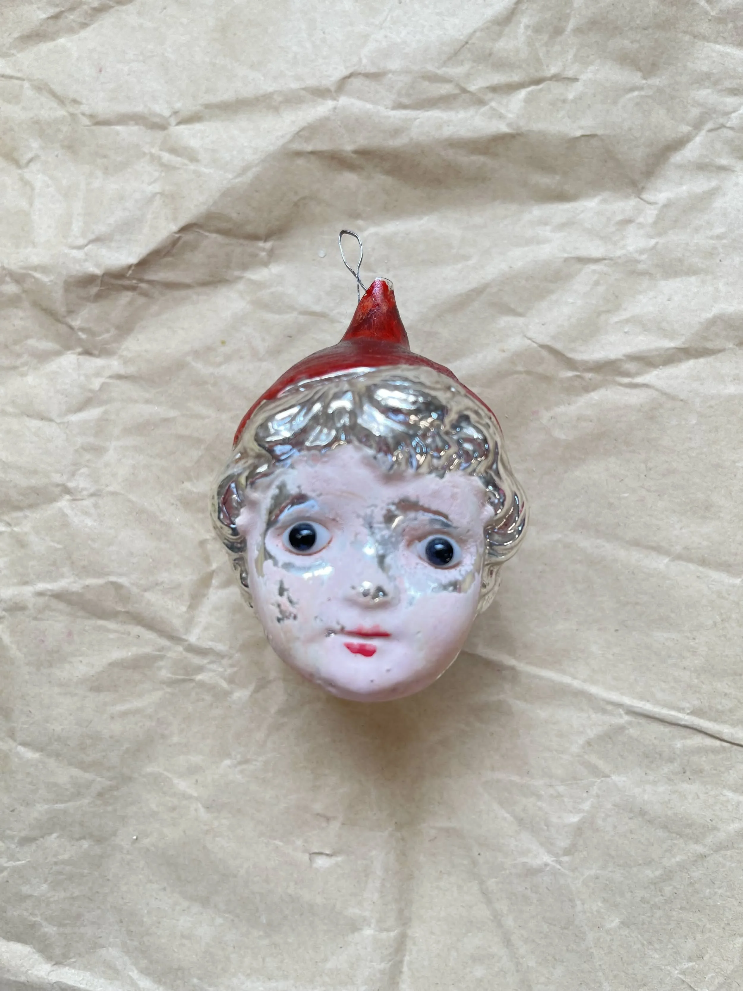 Antique German Child Head Christmas Ornament with Red Cap