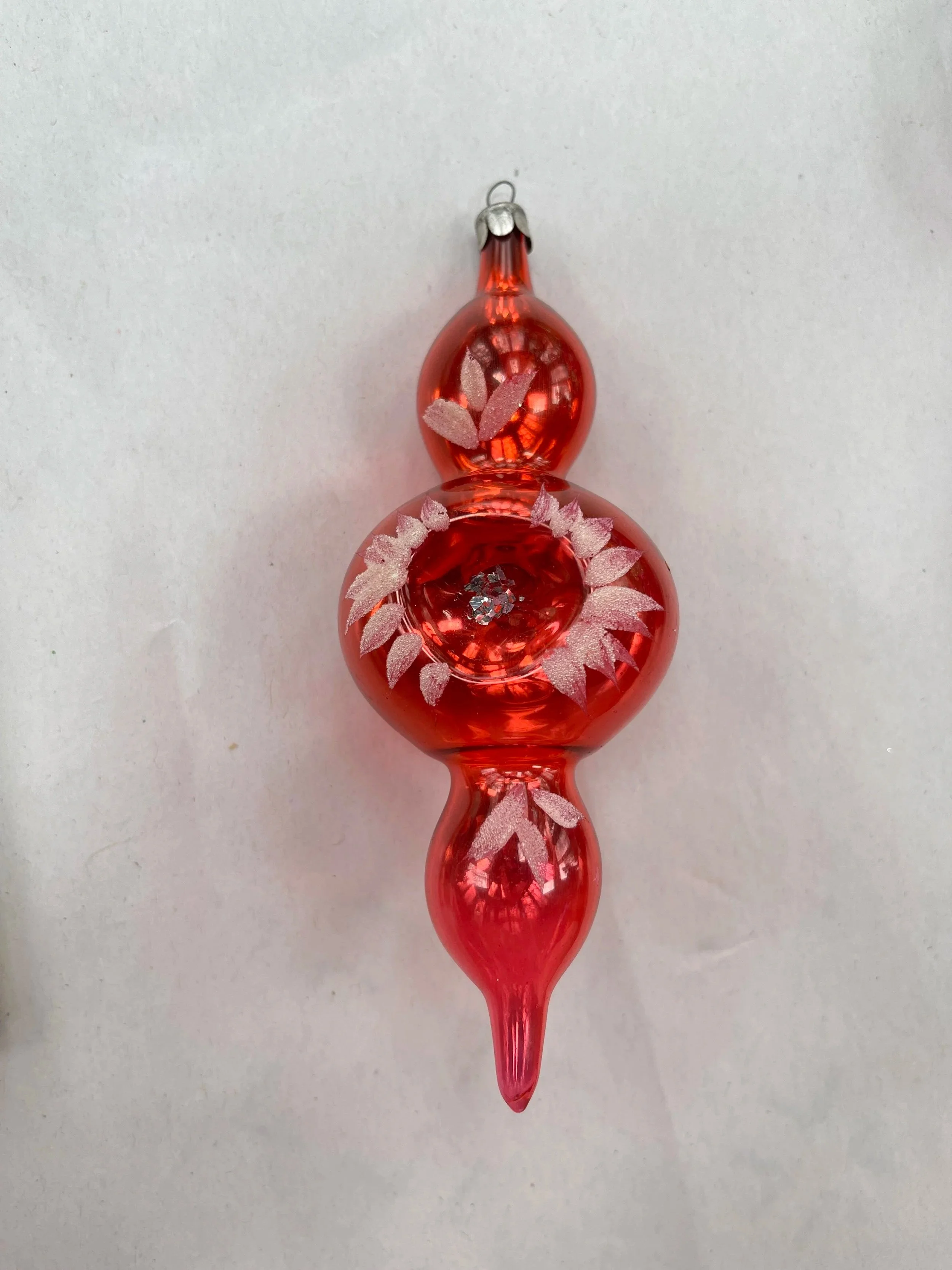 Large Vintage USSR Red Triple Drop Glass Ornament with Hand-Painted Frosted Detail.