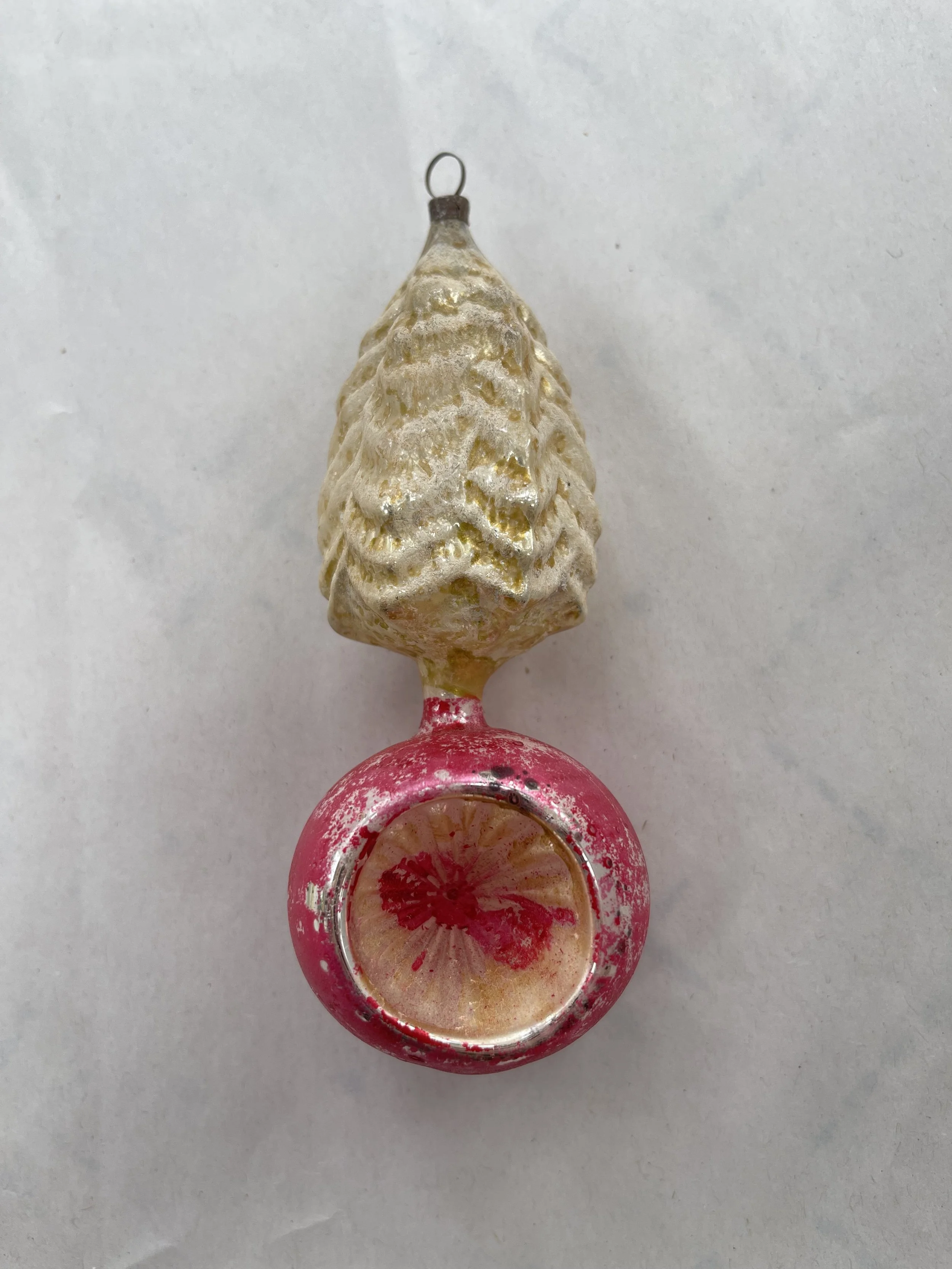 Antique German Gold Pinecone Top & Pink Reflector Drop Glass Ornament