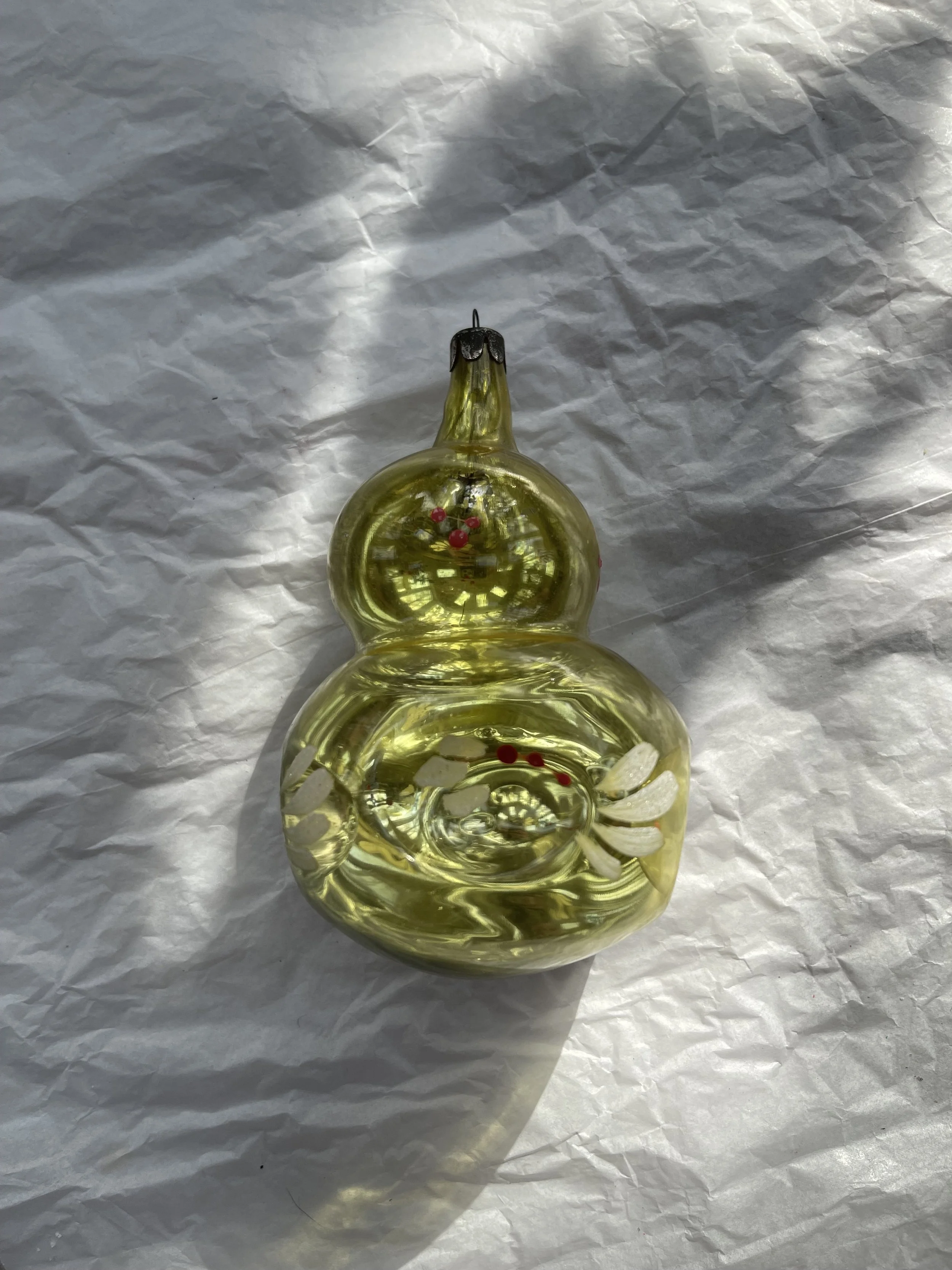 Large Vintage USSR Yellow Glass Ornament with Hand-Painted Details