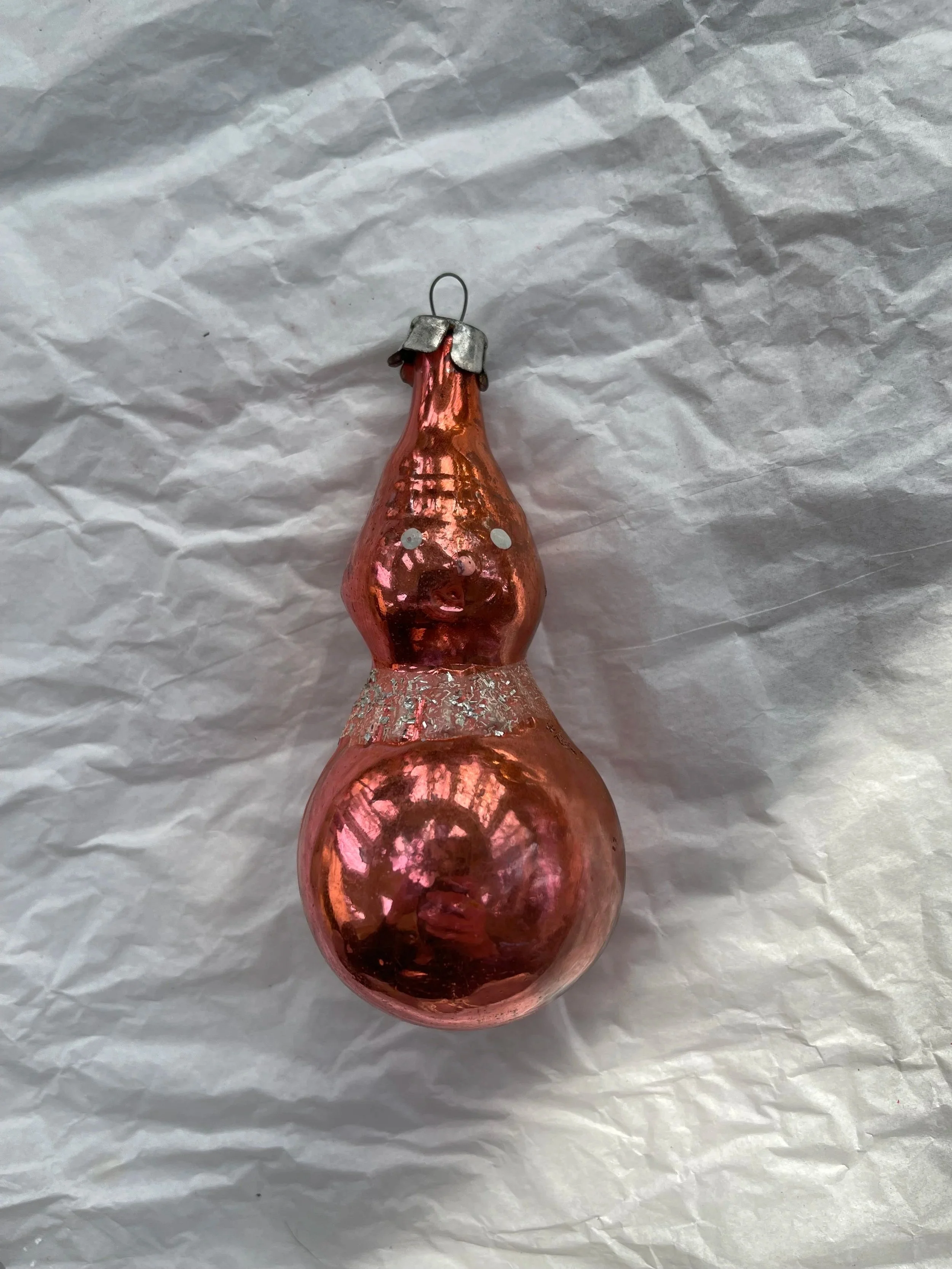 Vintage USSR Pink Snowman Glass Ornament with Glitter Collar.