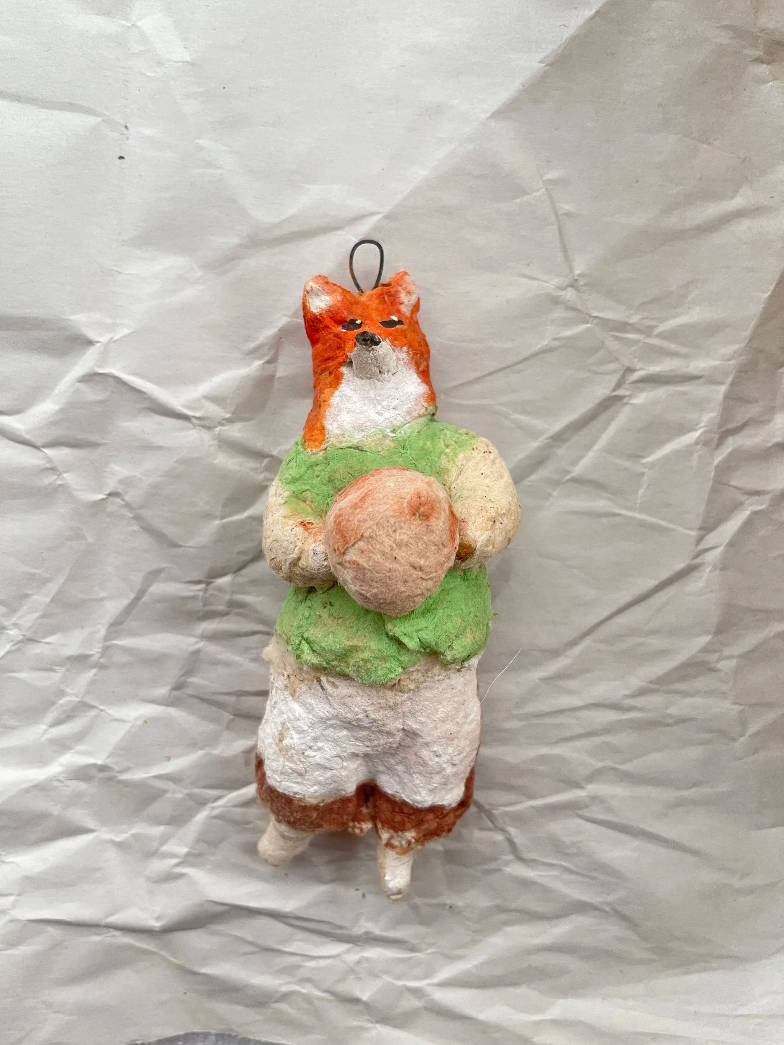 Spun Cotton Fox Ornament- Character in Green Outfit.