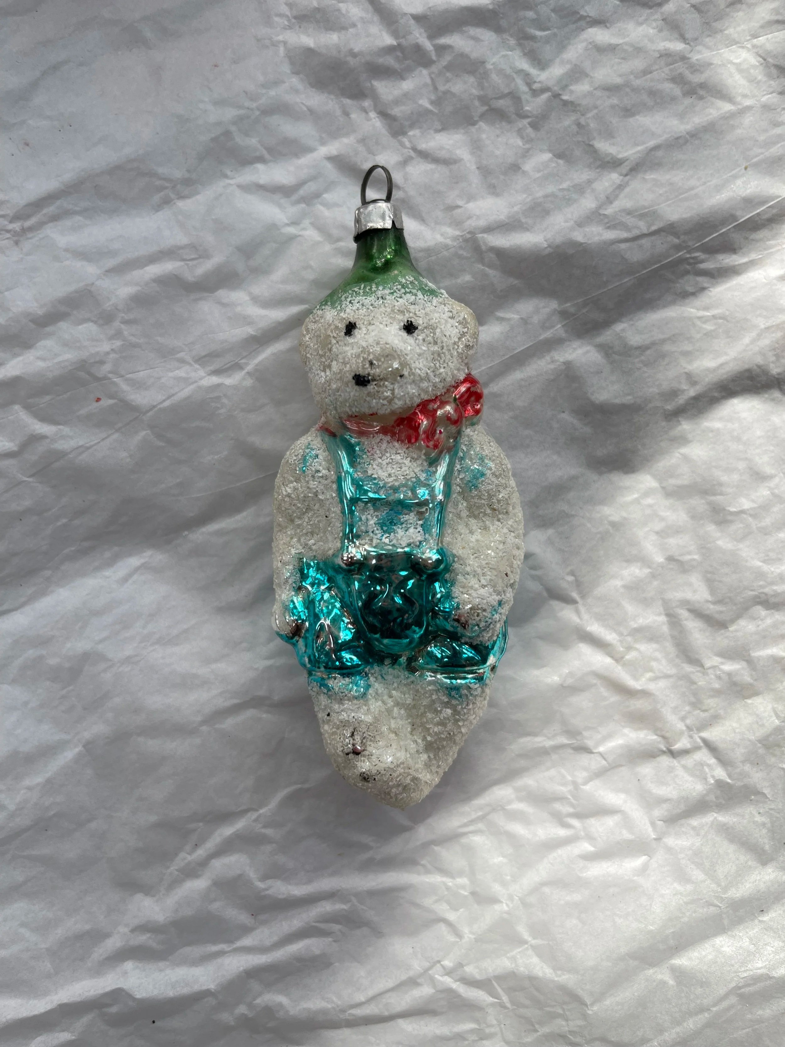 VintageBear Glass Ornament with Mica and Teal Suspenders.