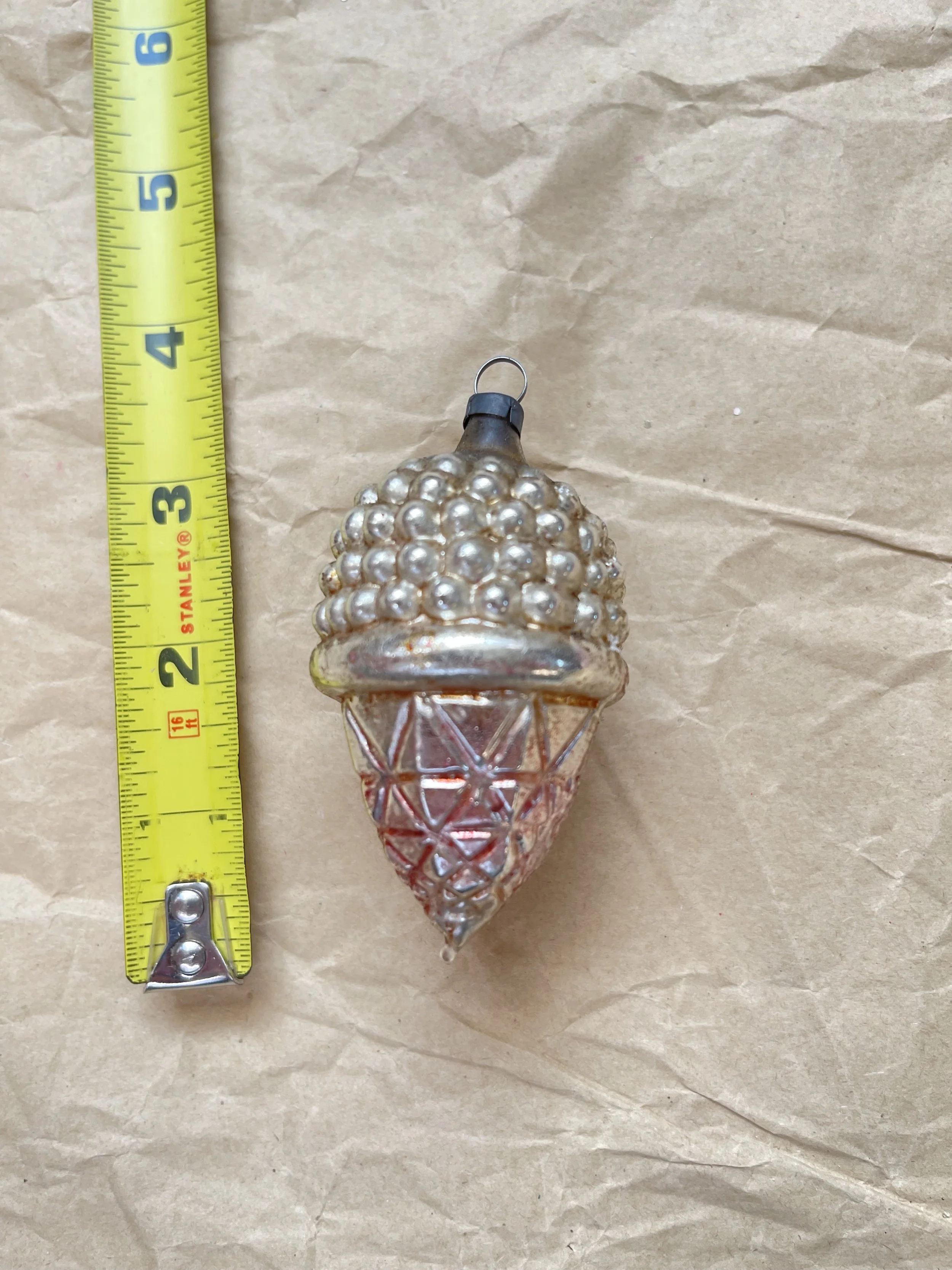 Antique Silver and Pink Glass Acorn Ornament