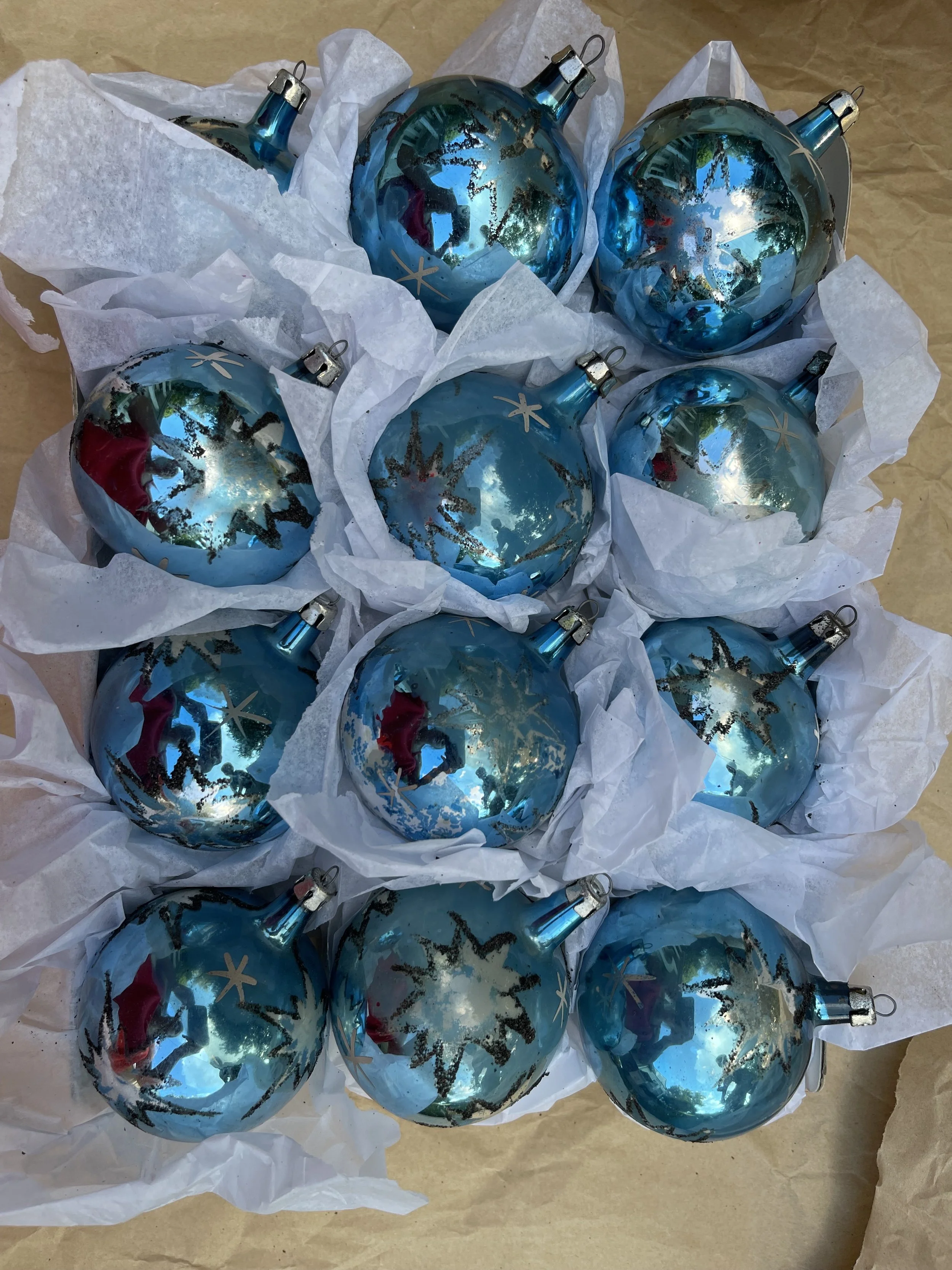 Blue Vintage Starburst Christmas Ornaments - Set of 12