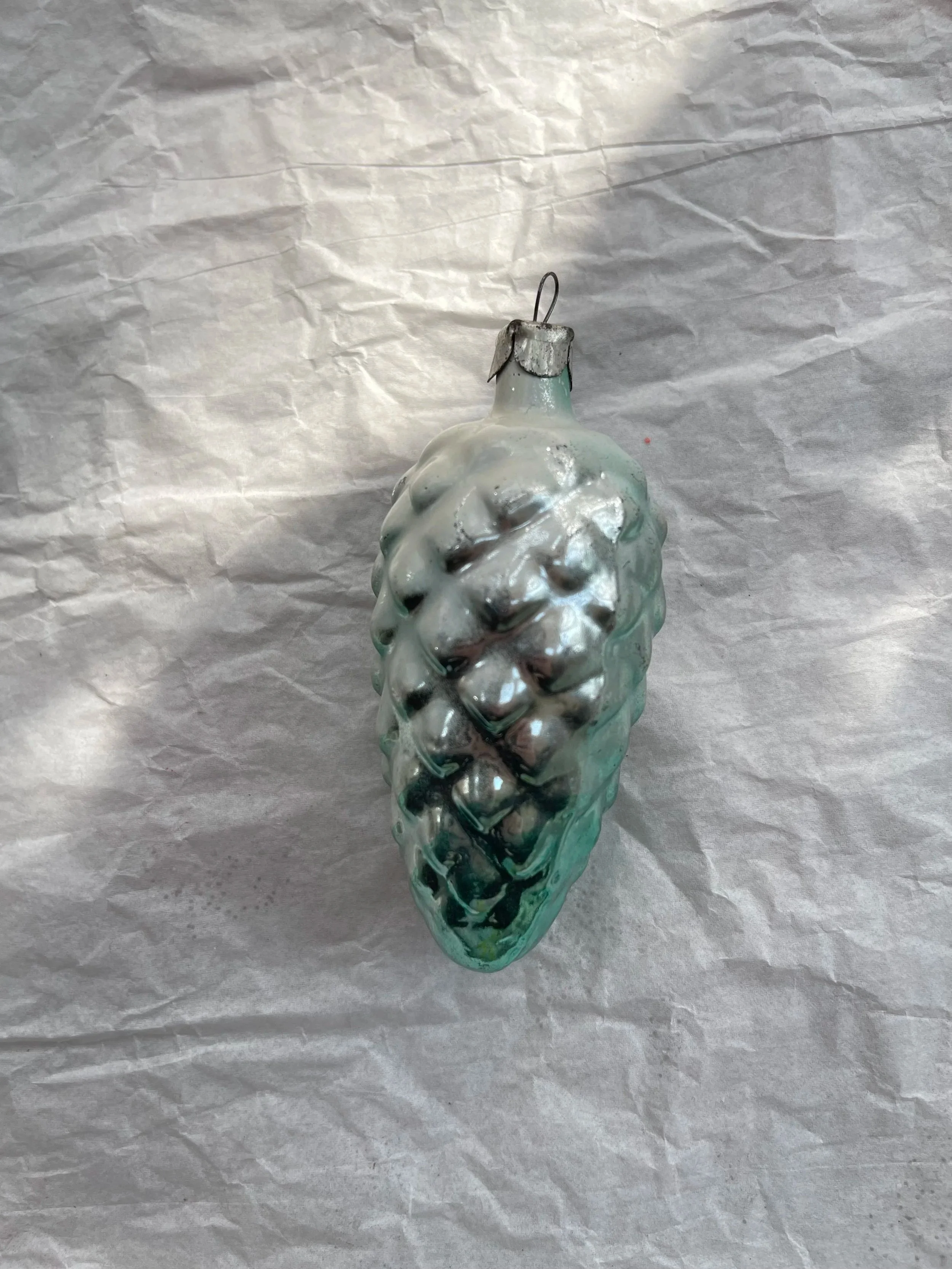 Vintage USSR Blue Pinecone Glass Ornament with Frost.