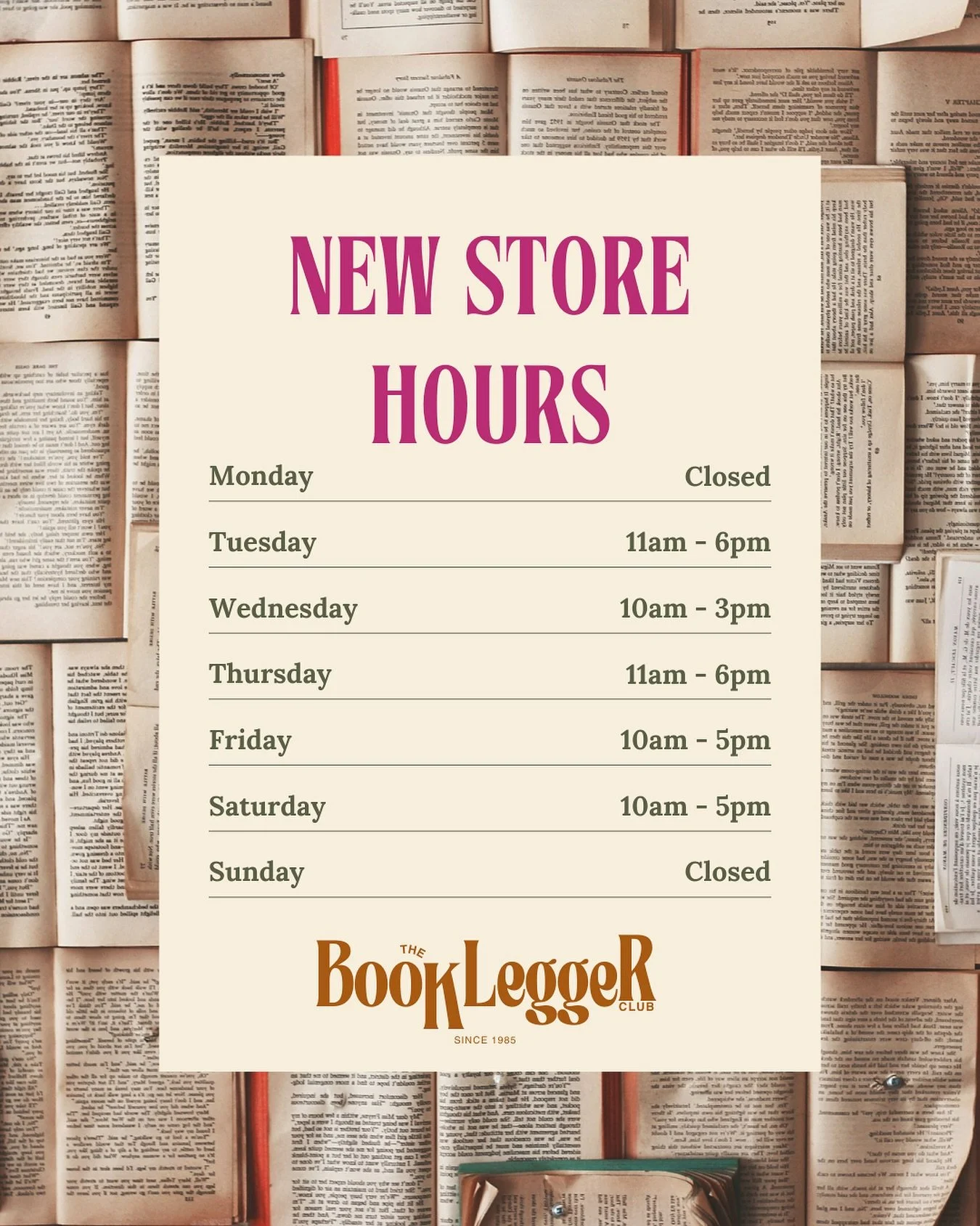 EXCITING NEWS! We are expanding our hours! New hours are effective starting Wednesday, October 1st. 

Monday | Closed 
Tuesday | 11am - 6pm
Wednesday | 10am - 3pm
Thursday | 11am - 6pm
Friday | 10am - 5pm 
Saturday | 10am - 5pm
Sunday | Closed

We lo