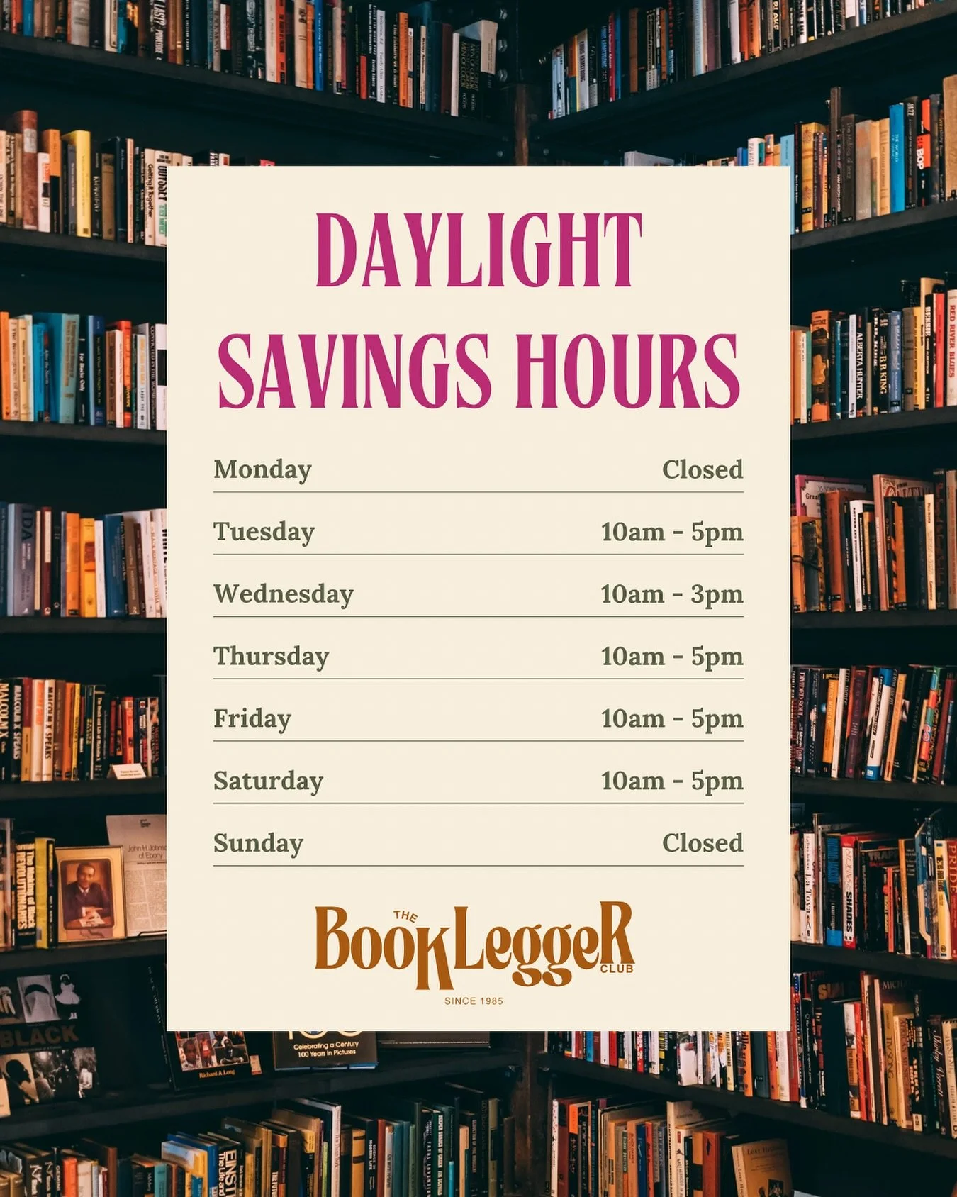 Heads up! We&rsquo;ve adjusted our hours to match the daylight&mdash;just a small change on Tuesdays and Thursdays! Perfect timing to cozy up with a new book before sunset.