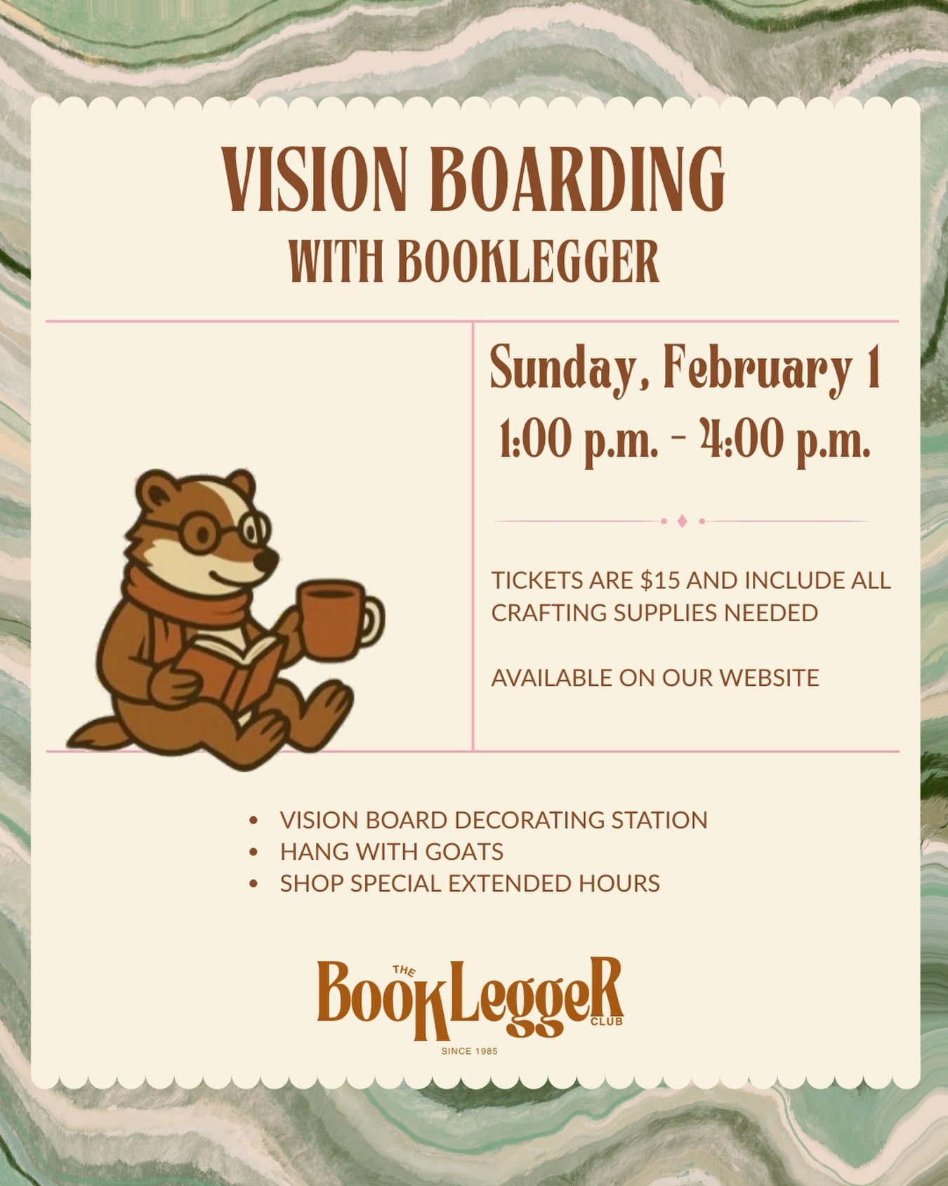 Heads up, Booklegger Club! Due to the weather, our Vision Boarding Event has been moved to the following Sunday, February 1st. Tickets are available on our website (link in bio). We look forward to seeing you there! Store will be open to the public f