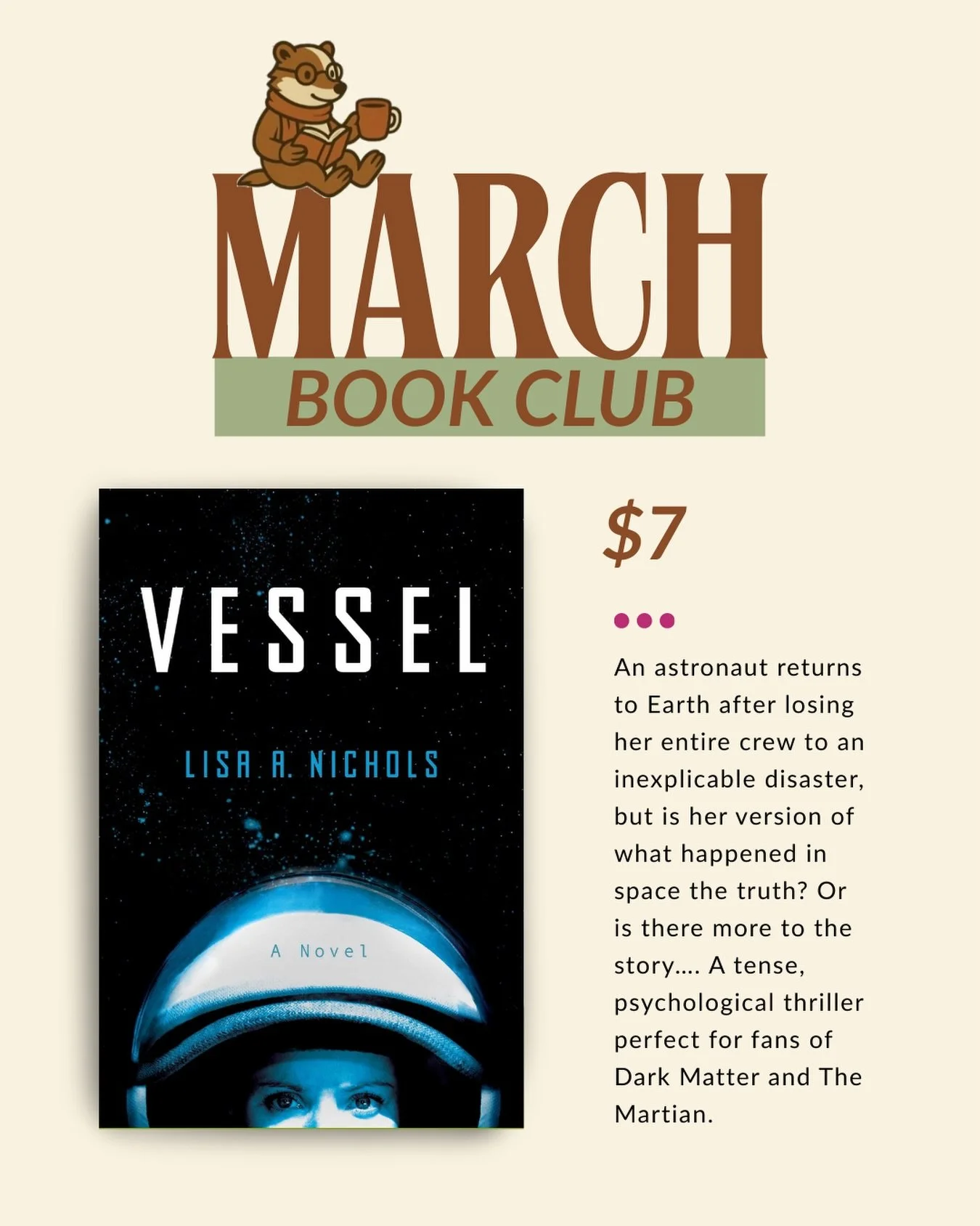 Our next Booklegger Book Club pick is Vessel by Lisa A. Nichols! We&rsquo;ll be meeting to discuss this on April 4th at 9am, or you can join the discussion on Fable! 

We have these in store now for $7 each, but only a limited supply so come get one 