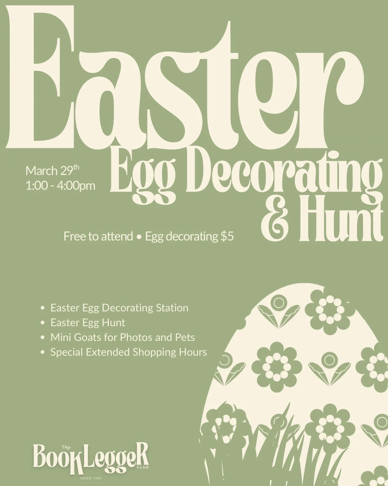 We're opening our doors on a Sunday (!) for a fun Easter event, and you're invited! Come hang out and browse our exclusive hours. 

But that's not all, we'll have an Easter egg hunt with candy (and a few surprise store discounts) , the cutest mini go