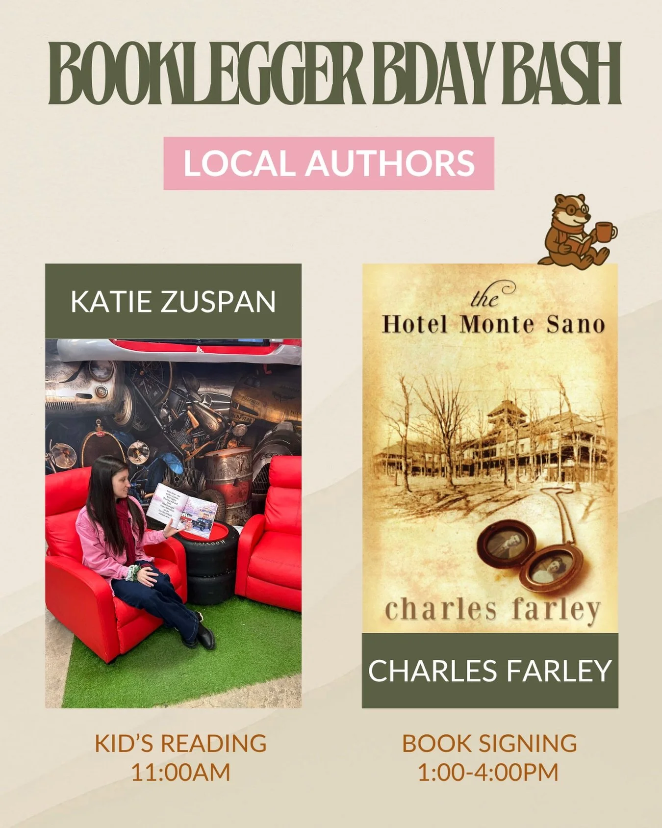 We&rsquo;re SO excited to welcome two local authors to Booklegger&rsquo;s Birthday Bash this Saturday! 

At 11 AM, Katie Zuspan (author of the Riley&rsquo;s Red Car series) will be doing a special children&rsquo;s reading, followed by a booth where s