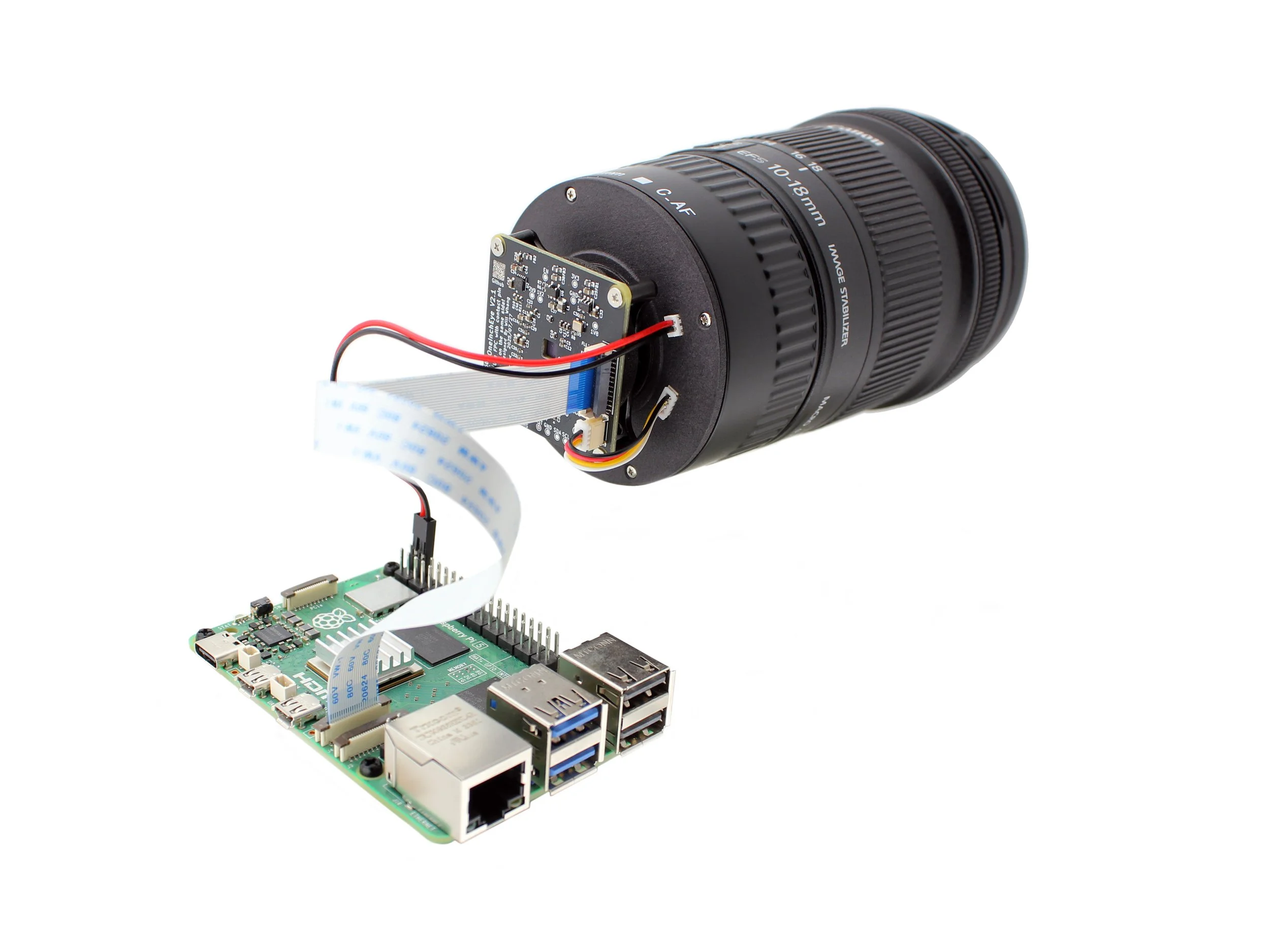 Assembly of Canon EF / EF-S Lens  Adapter, OneInchEye Camera and Raspberry Pi, right side