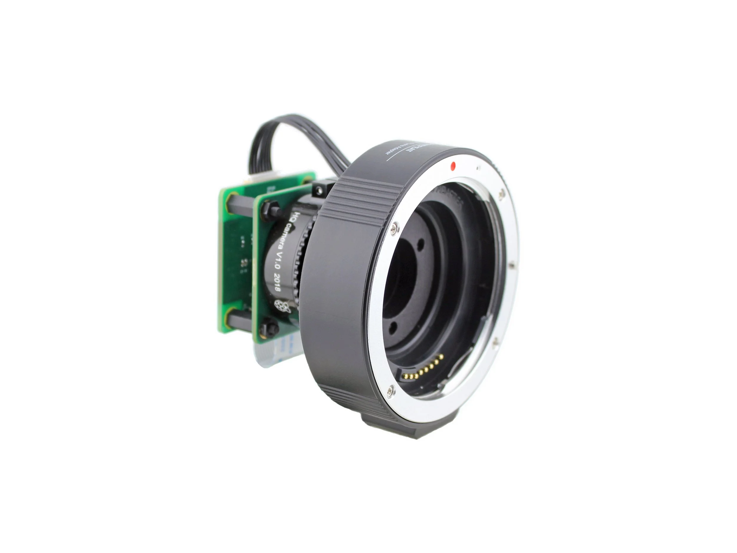 Assembly of Canon EF / EF-S Lens  Adapter with Built-in Tripod Mount, Raspberry Pi  High-Quality Camera and the Lens Controller, right side angle