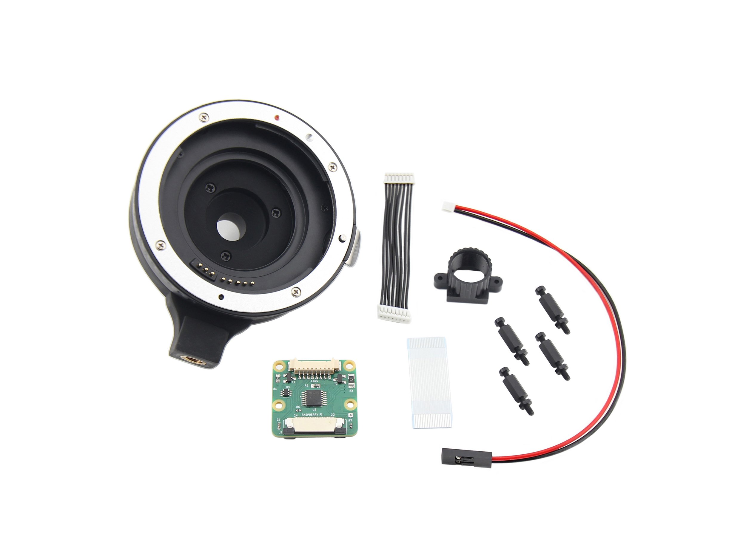 Package Contents: Canon lens to M12 mount camera adapter, M12 lens holder, lens control board, flex camera cable, 8-wire lens cable, 2-wire power cable, accessory kit: standoffs, screws, and nuts