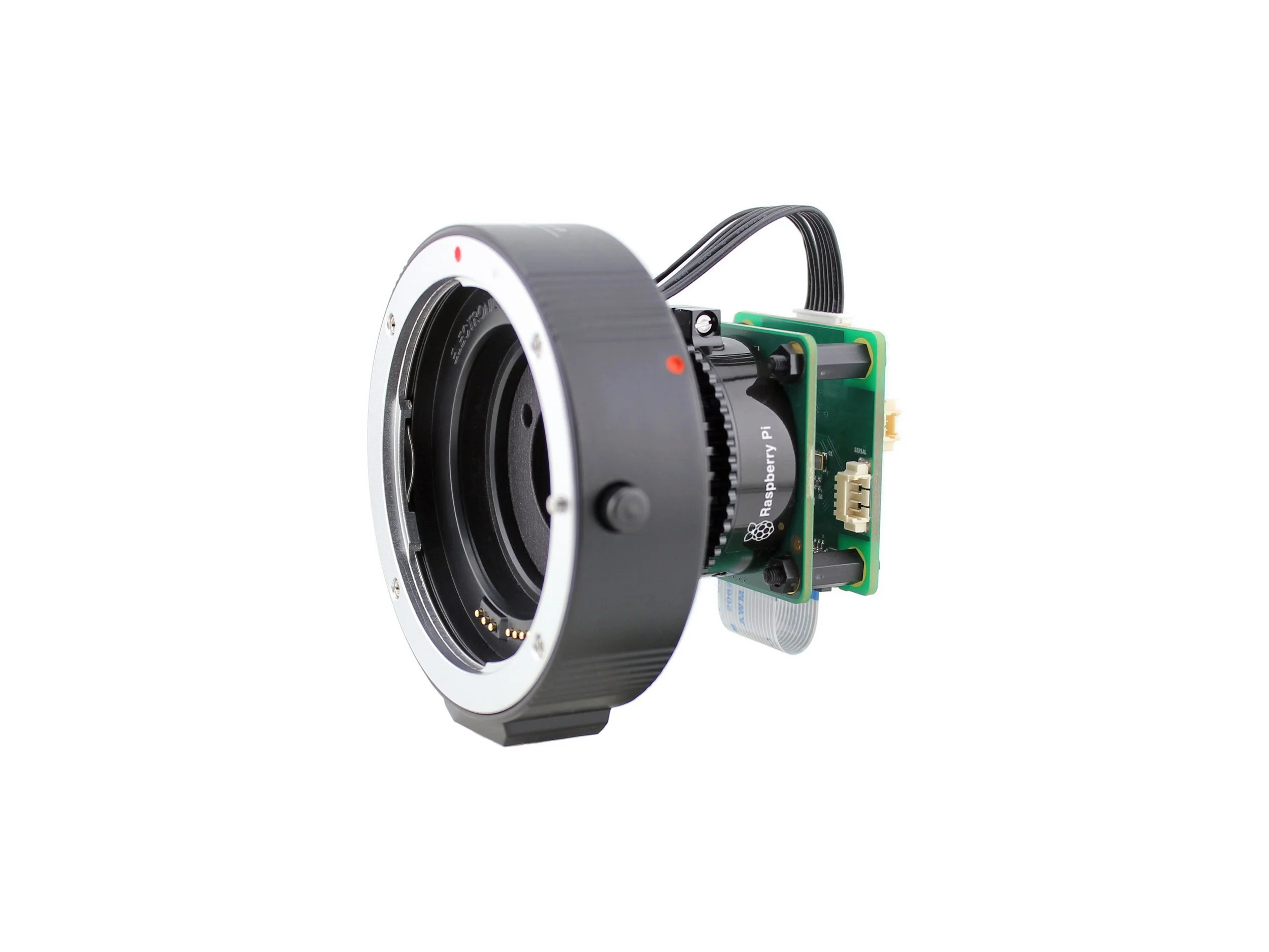 Assembly of Canon EF / EF-S Lens  Adapter with Built-in Tripod Mount, Raspberry Pi  High-Quality Camera and the Lens Controller, left side