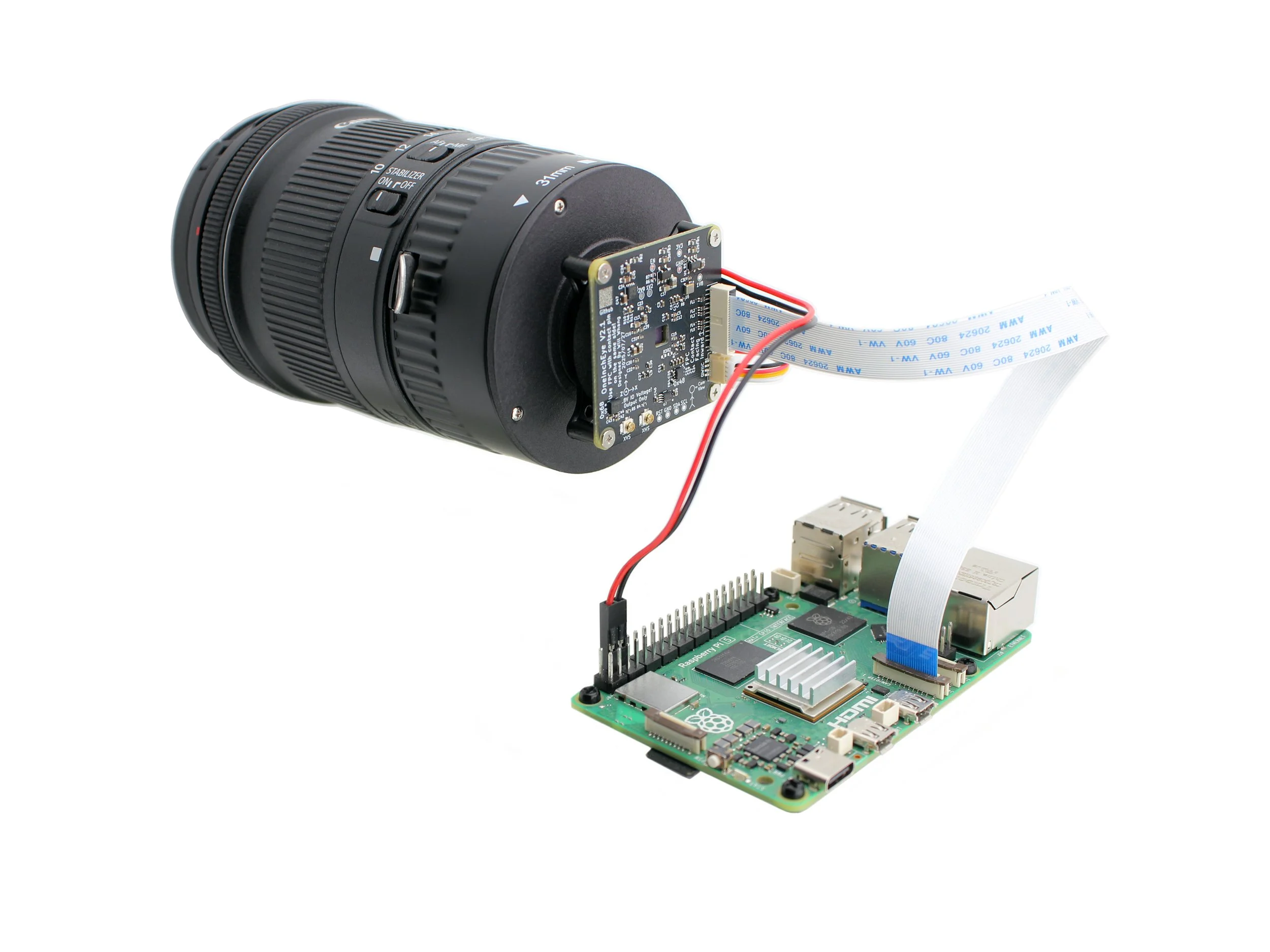 Assembly of Canon EF / EF-S Lens  Adapter, OneInchEye Camera and Raspberry Pi, left side