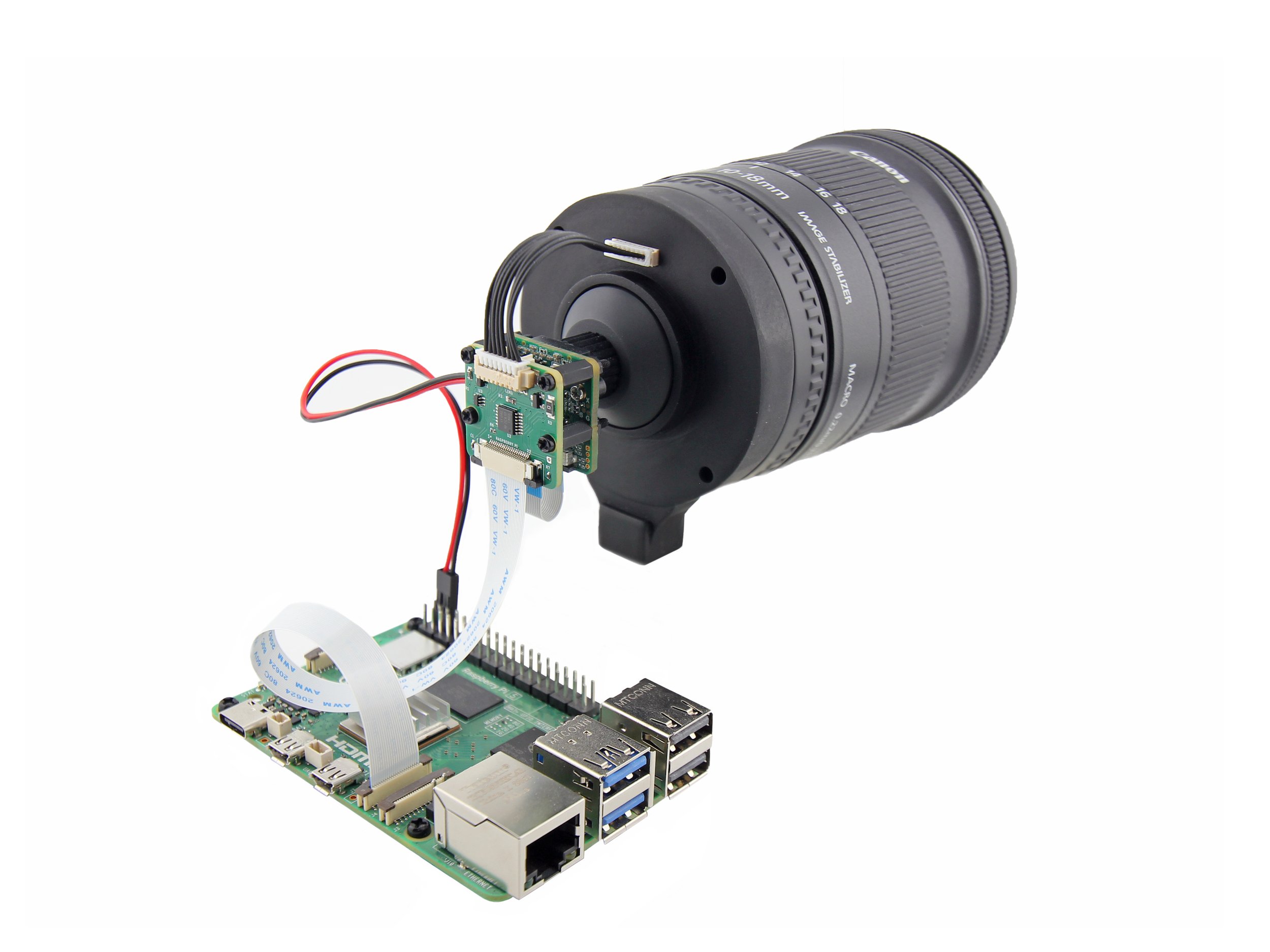 Assembly of Canon EF / EF-S Lens, the Adapter, Arducam IMX708 Camera Module and the Lens Controller, right side