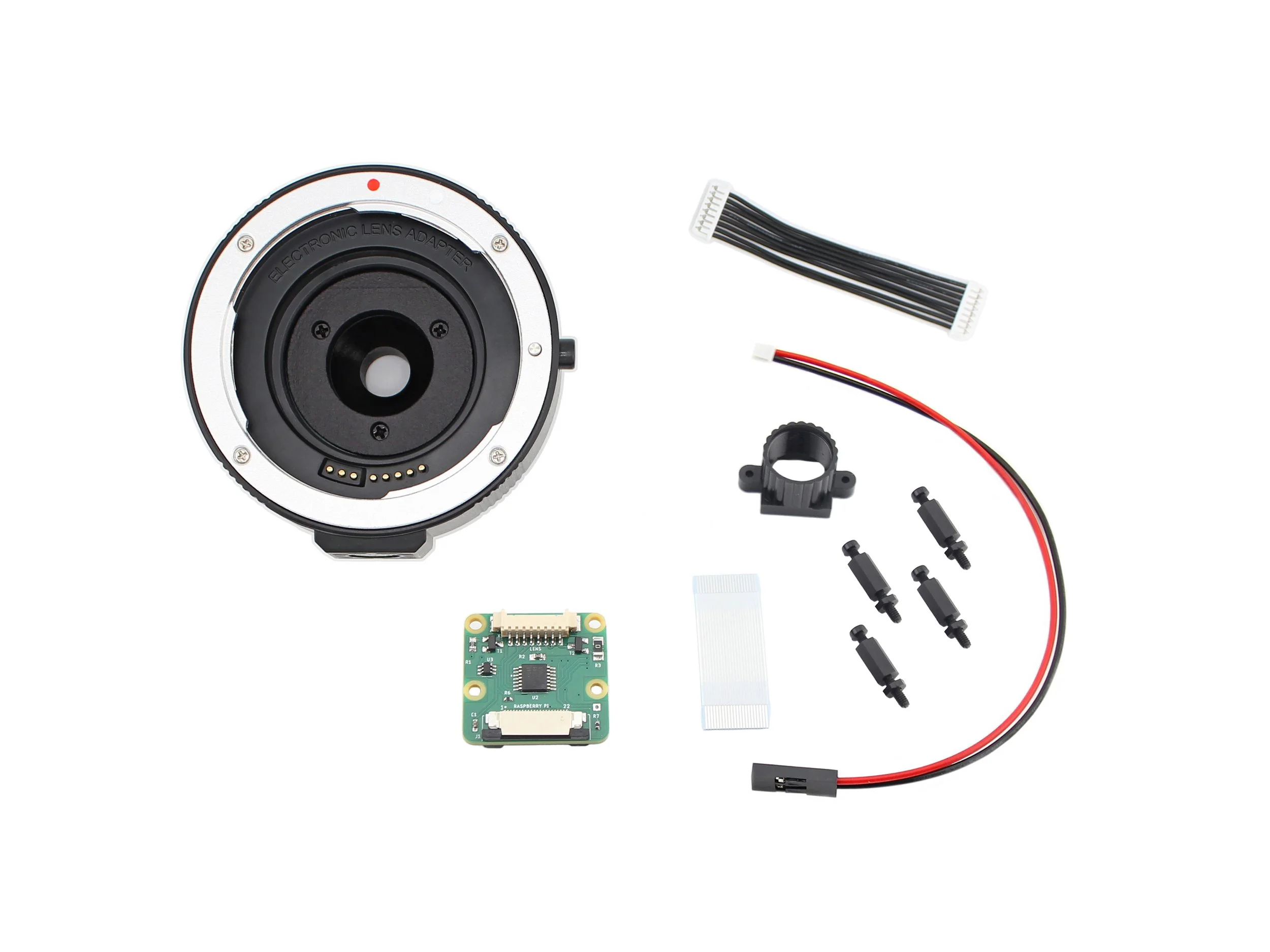 Package Contents: Canon lens to M12 mount camera adapter, M12 lens holder, lens control board, flex camera cable, 8-wire lens cable, 2-wire power cable, accessory kit: standoﬀs, screws, and nuts