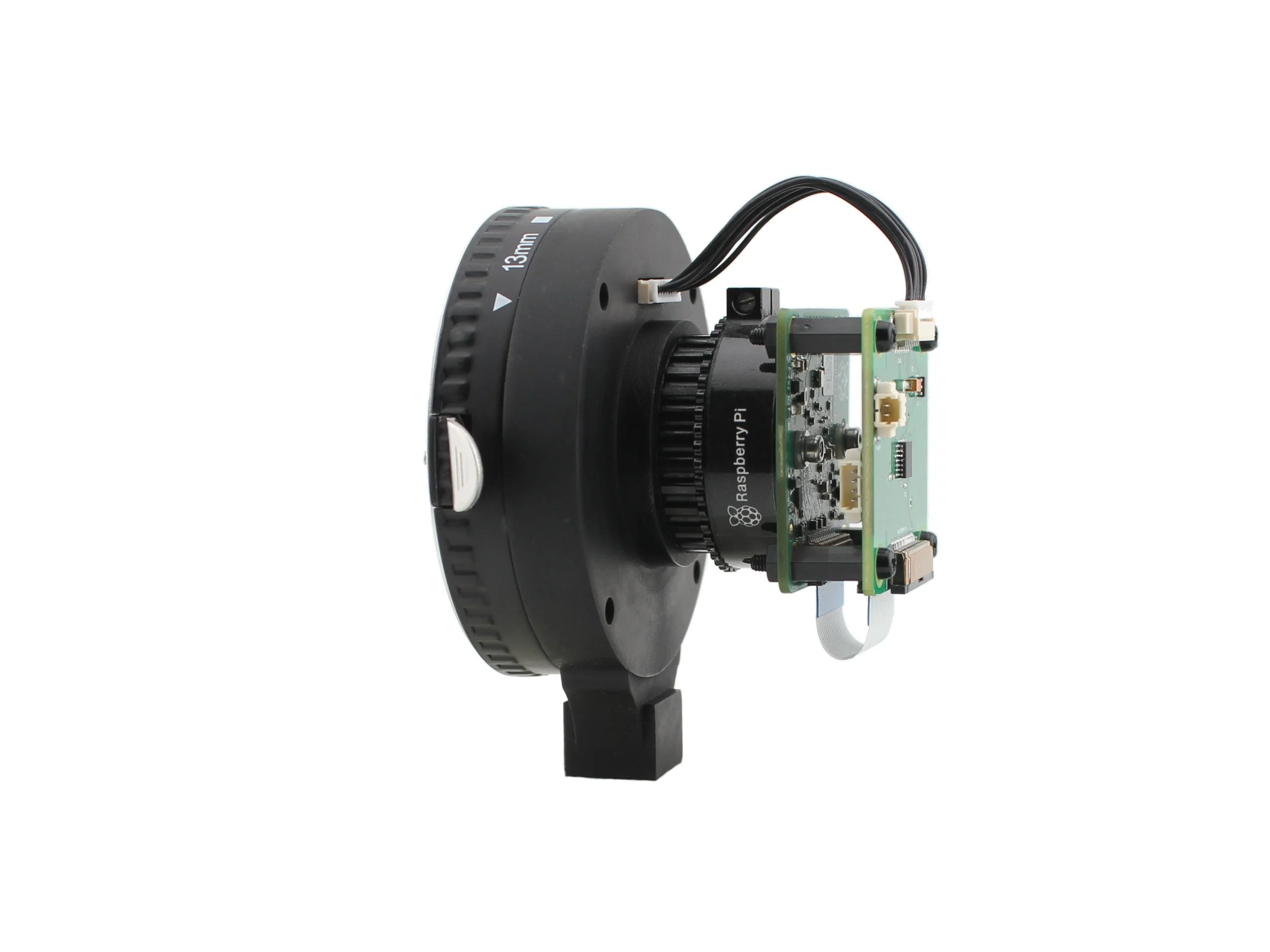 Assembly of Canon EF / EF-S Lens  Adapter with Built-in Tripod Mount, Raspberry Pi  High-Quality Camera and the Lens Controller, left side
