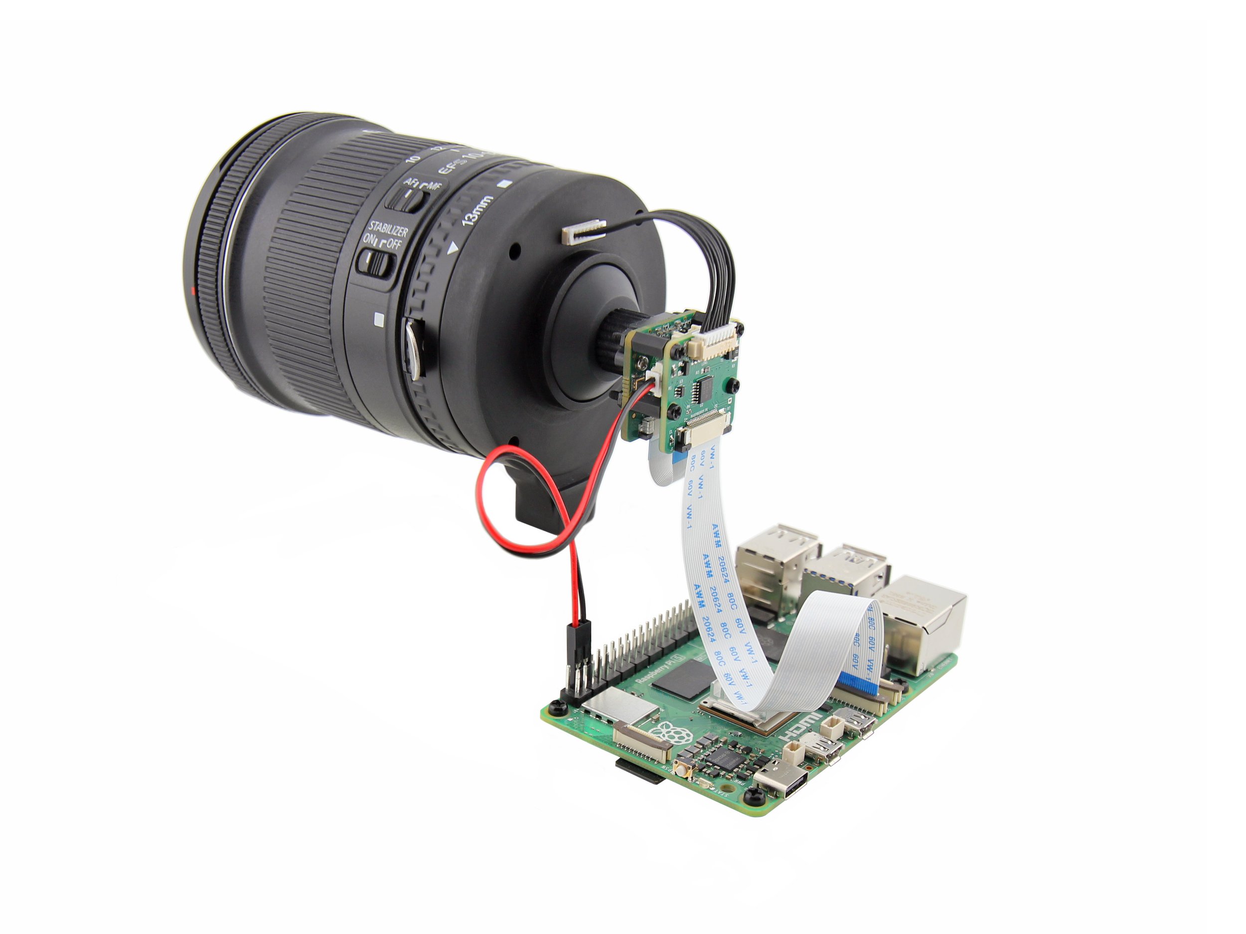 Assembly of Canon EF / EF-S Lens, the Adapter, Arducam IMX708 Camera Module and the Lens Controller, left side