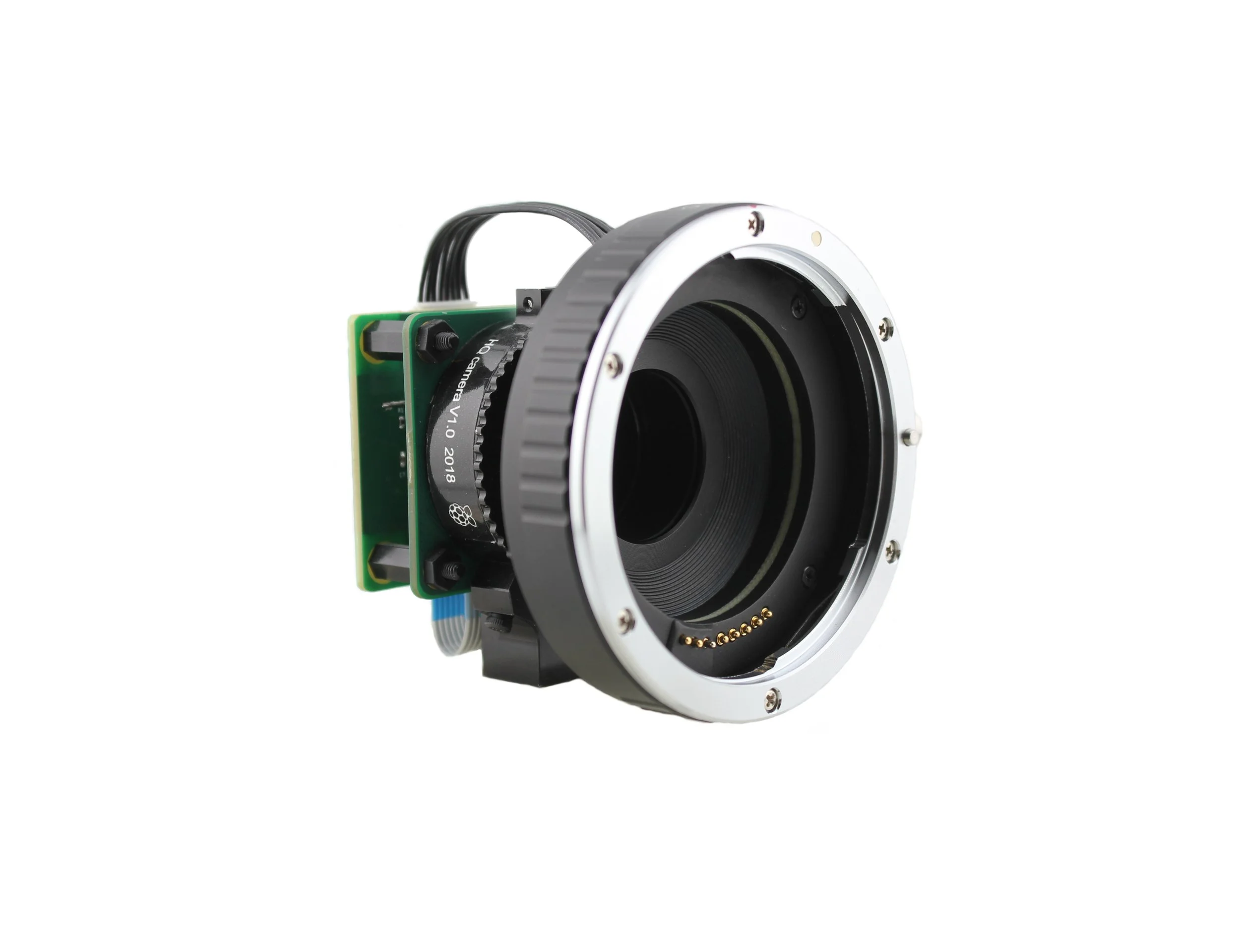 Assembly of Canon EF / EF-S Lens  Adapter, Raspberry Pi  High-Quality Camera and the Lens Controller, aluminum, front