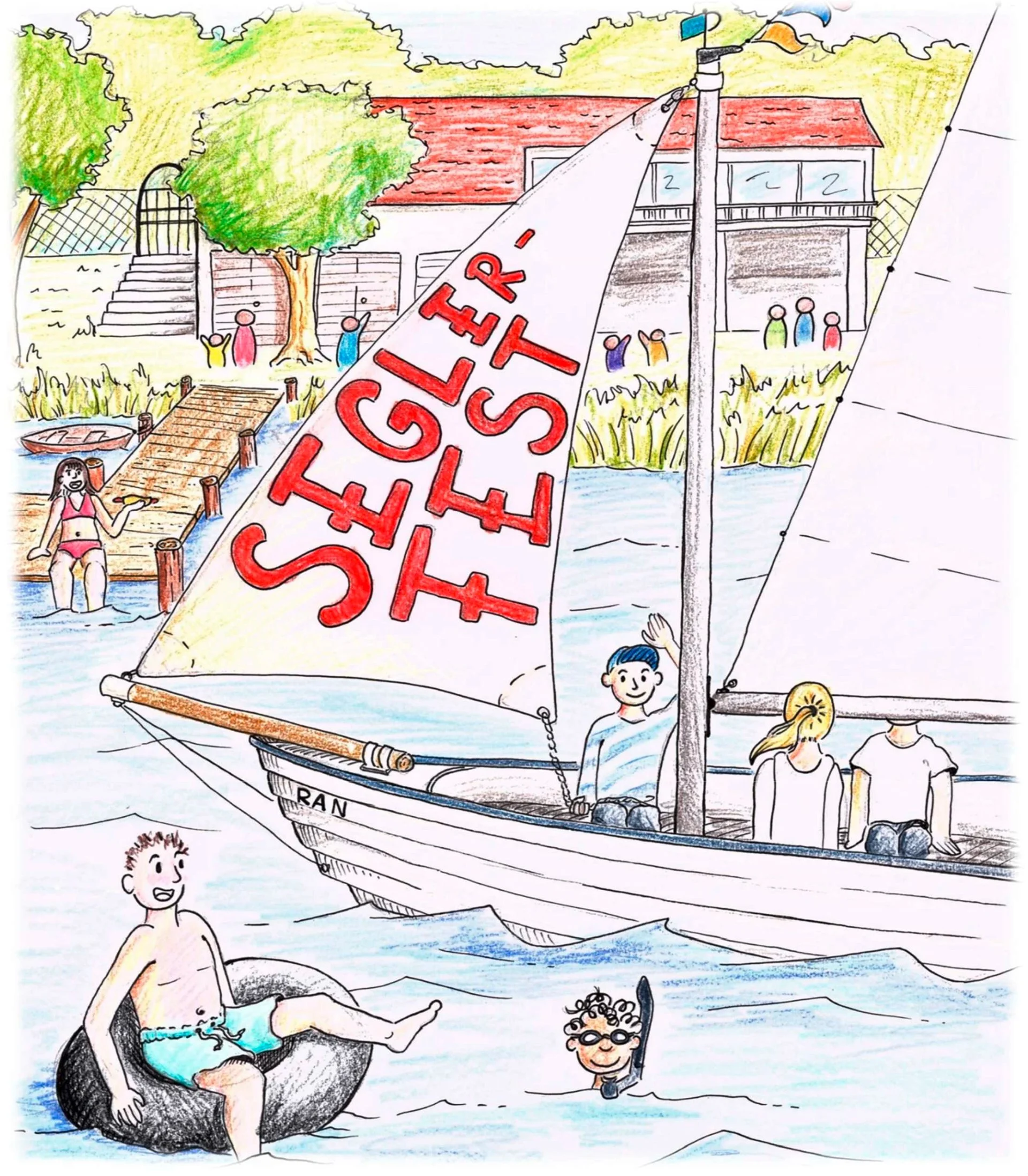Ein buntes, handgezeichnetes Bild zeigt einen Sommer am Badesee mit einer Segeljacht, Kindern im Wasser und Menschen am Ufer, umgeben von Bäumen und einer Hütte.