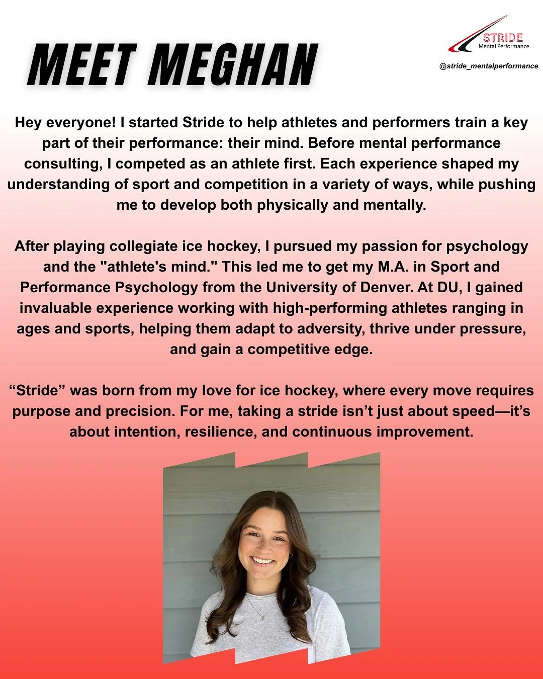 Welcome to Stride! Excited to share my journey with you all! 💥

Curious about how I could support your goals? DM me for more info! 

#mentalperformance #mentalperformancetraining #mentalskills #mindset