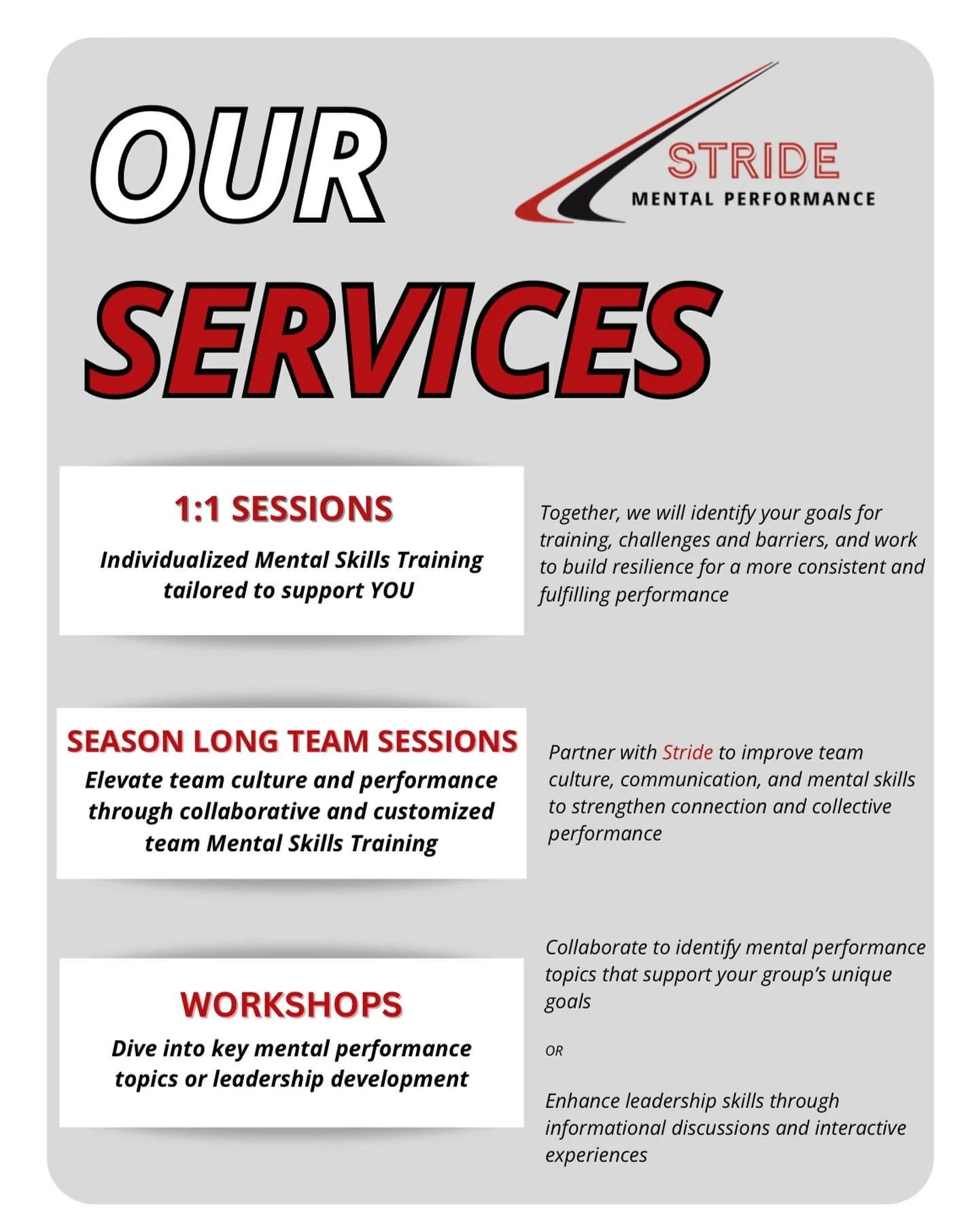 ⬆️Check out Stride's services and start training your brain for consistent, high performance 💥

Schedule a FREE 20-minute consultation to discuss your goals, challenges, and how we can work together to elevate your performance. 

Mental Performance 