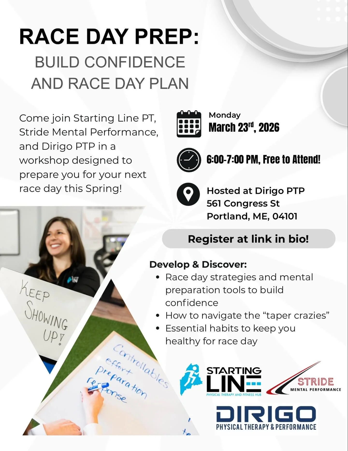 💥 Join Stride, @startingline207, and @dirigoptp in a workshop designed to prep you for Spring racing! 🏃&zwj;♀️🏃

Come learn and develop: 

☑️ A race strategy to set you up for success

☑️ Mental performance strategies to fuel confidence and respon