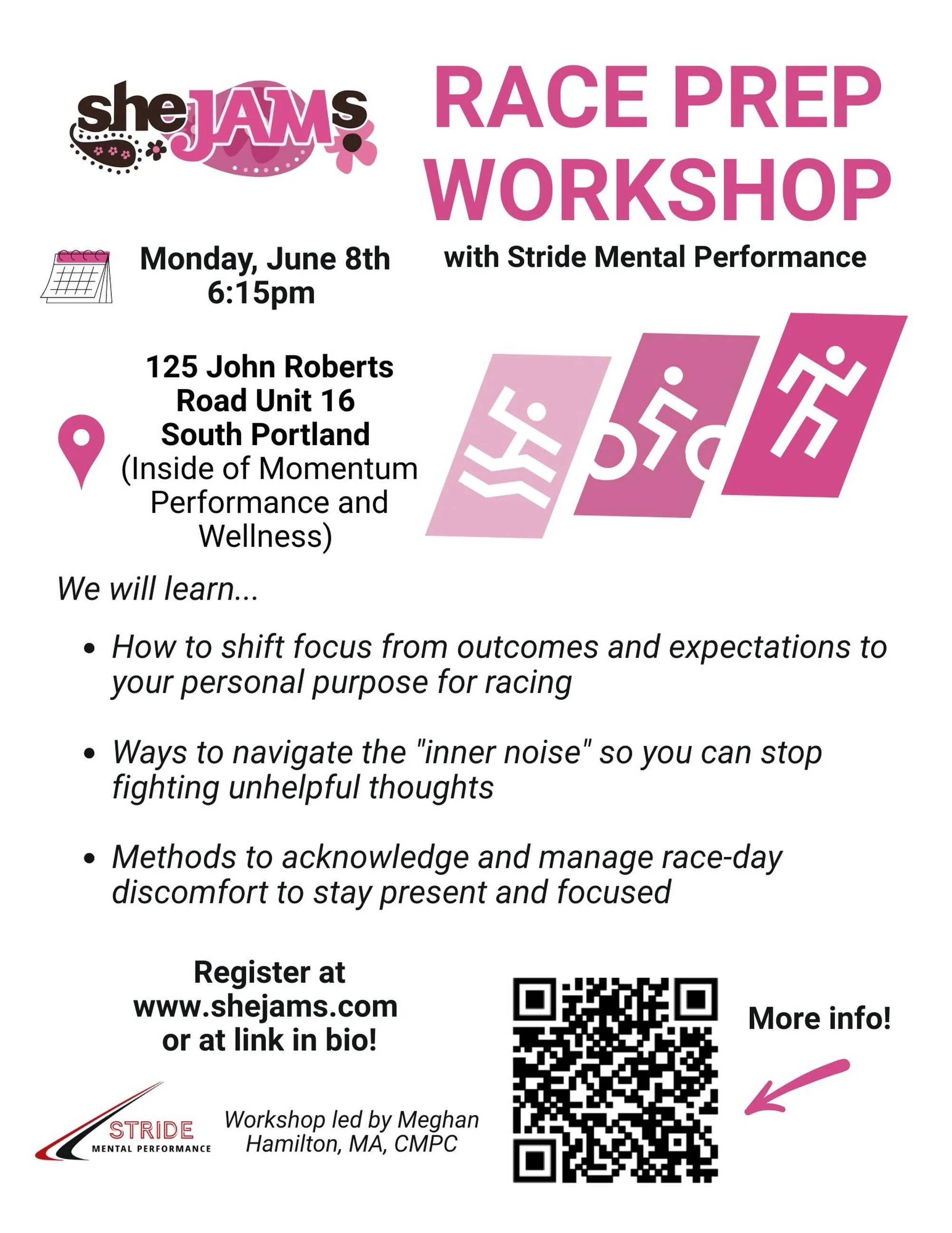 So excited to be back with @shejamsmaine for our second mental performance workshop‼️ 

Join us on Monday, June 8th at 6:15pm to learn ways to shift focus, stay present, and manage the &ldquo;inner noise&rdquo; during your race! 

📍 125 John Roberts
