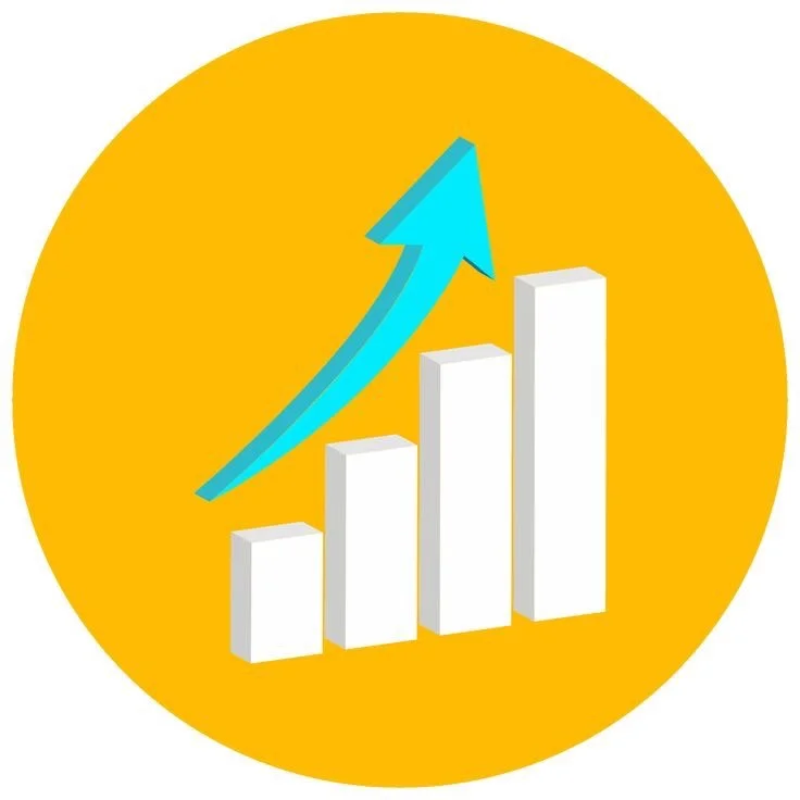 A bar chart with four ascending white bars and a blue upward arrow on an orange background.