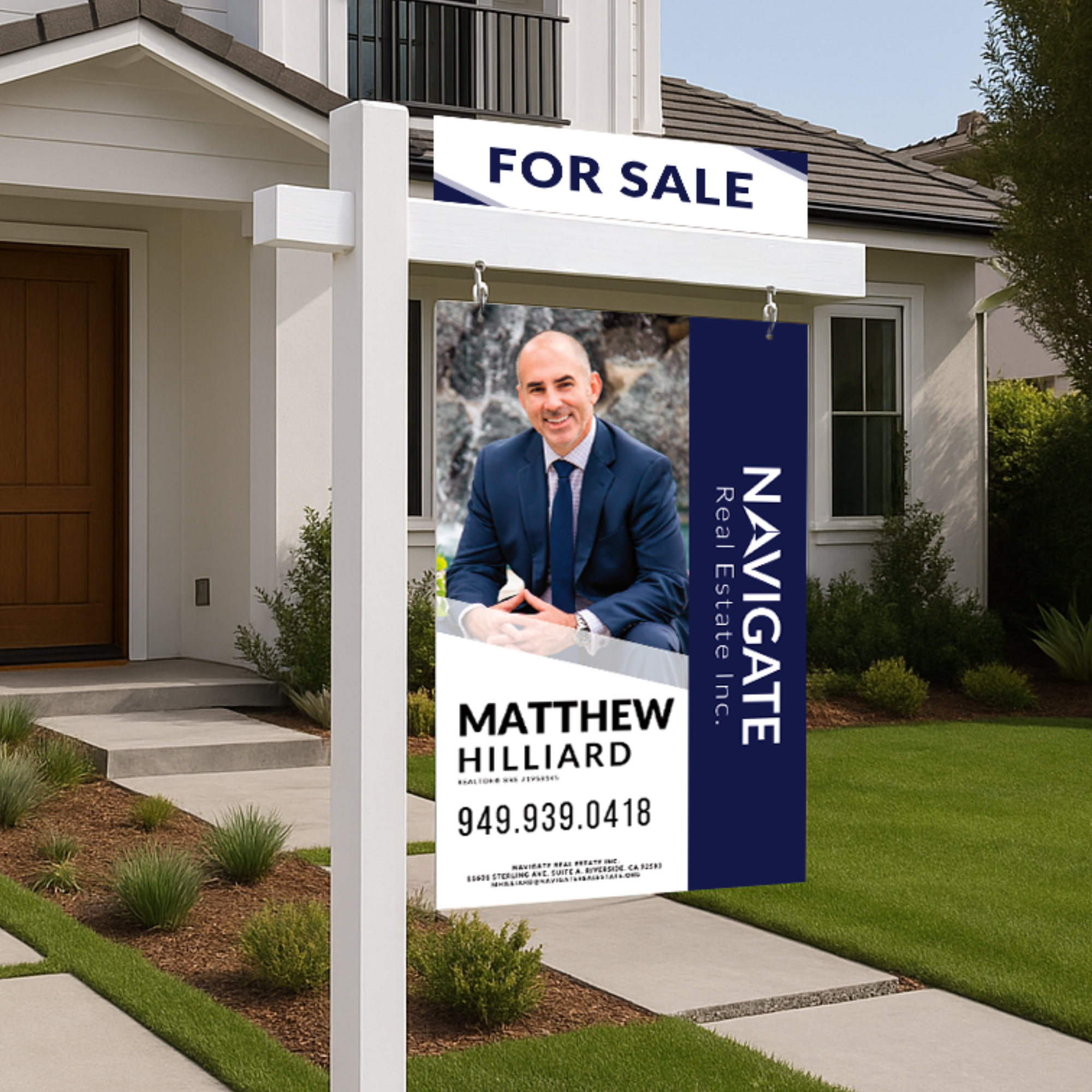 House with a real estate 'For Sale' sign featuring a photo of a man in a suit, the text 'Matthew Hilliard' with contact number, and branding for Navigake Real Estate Inc.