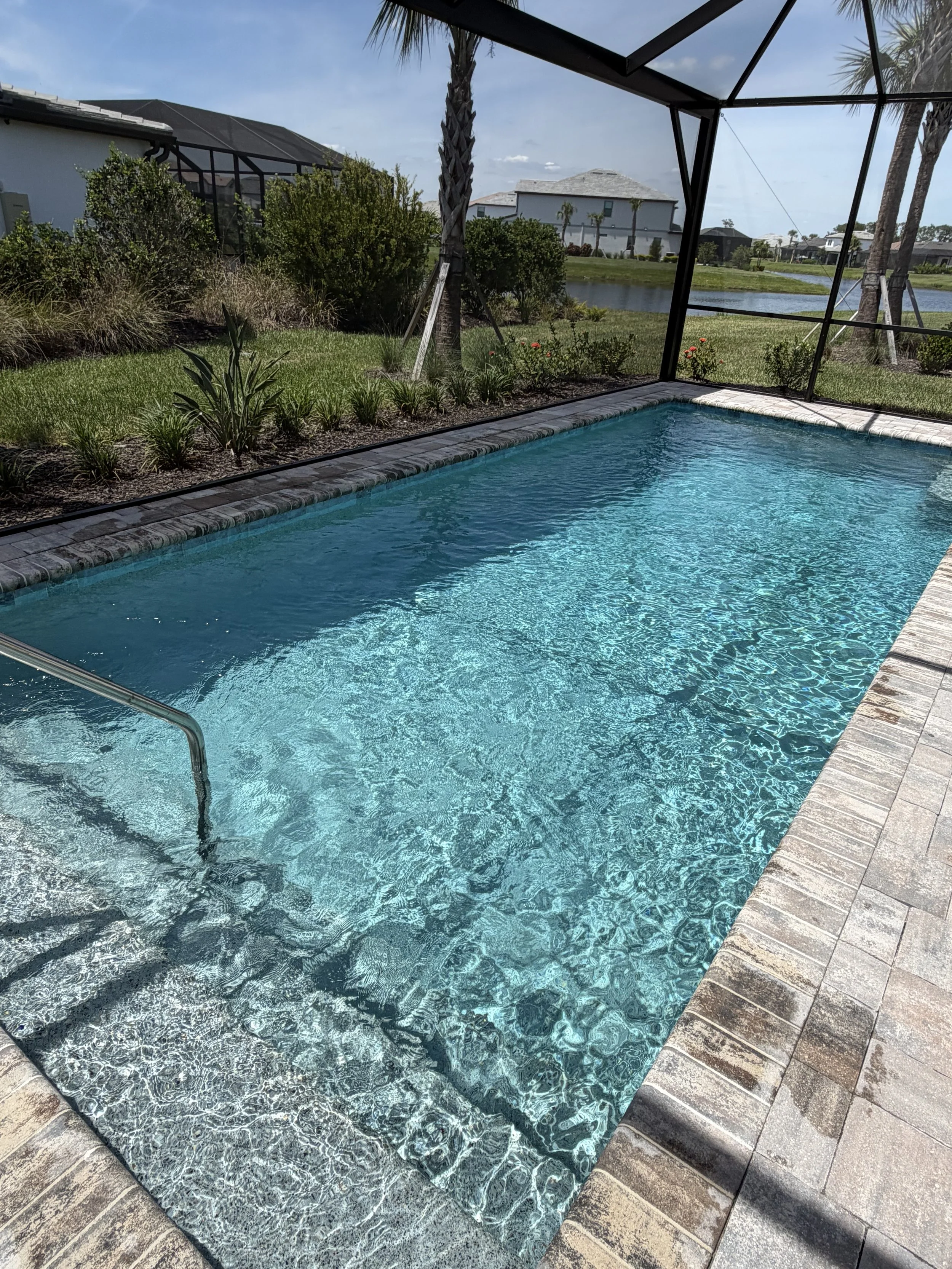 Person holding a white pool skimmer net near a backyard swimming pool with a brick patio.