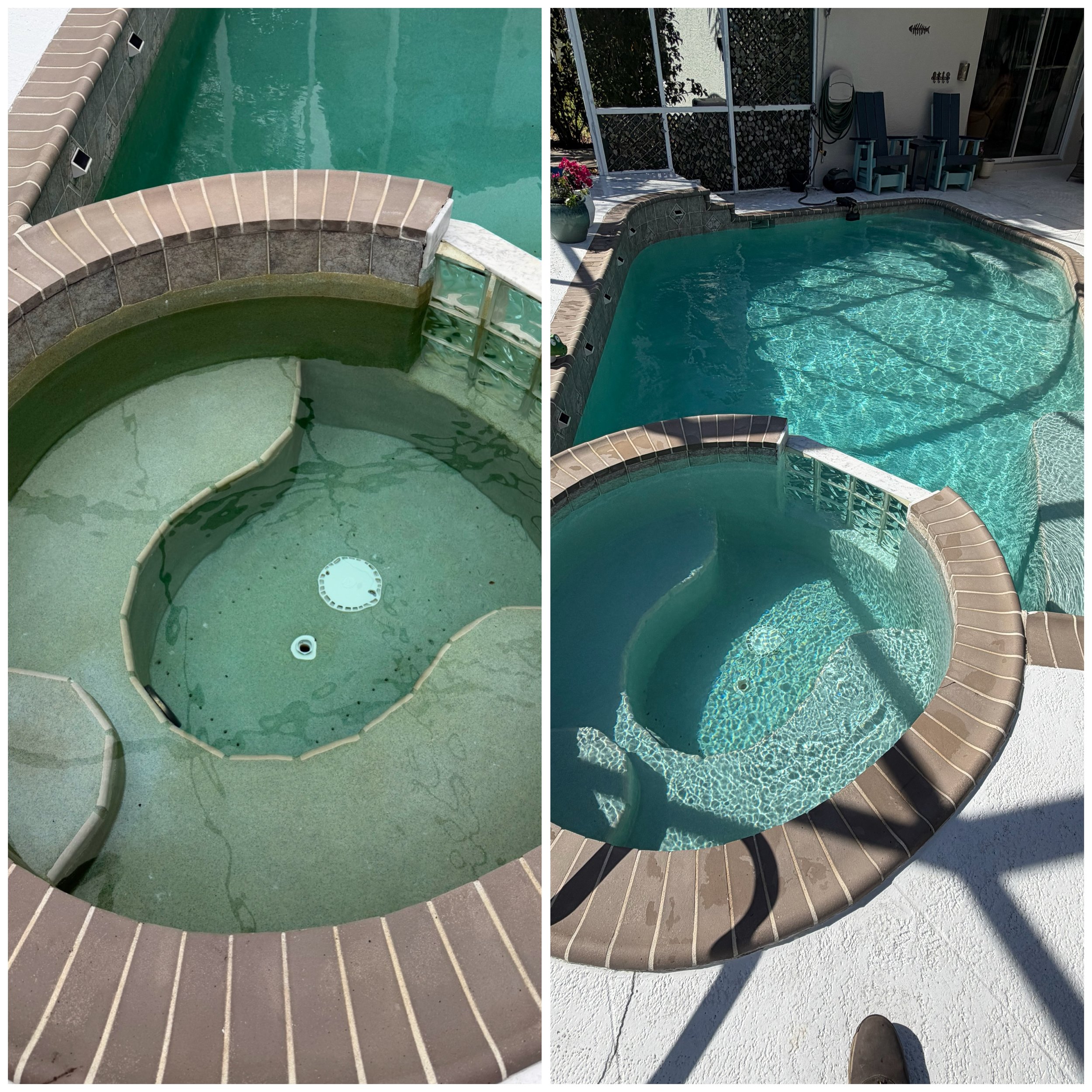 Empty hot tub with a brown brick border, green water, and a pool or another water feature in the background.