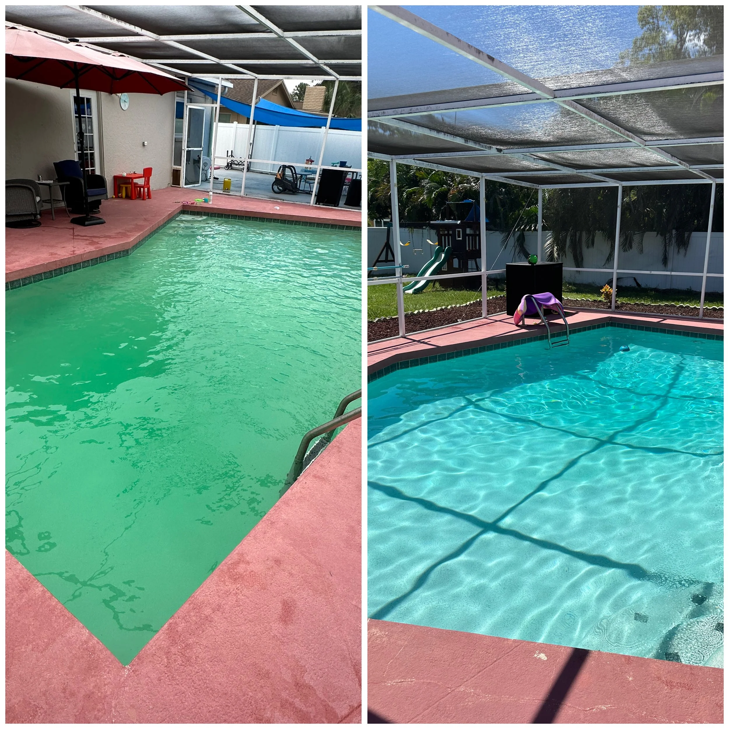 A backyard swimming pool with green water, surrounded by a textured concrete deck. A woman is standing nearby with a net on a pole, and there are lush trees and bushes in the background.