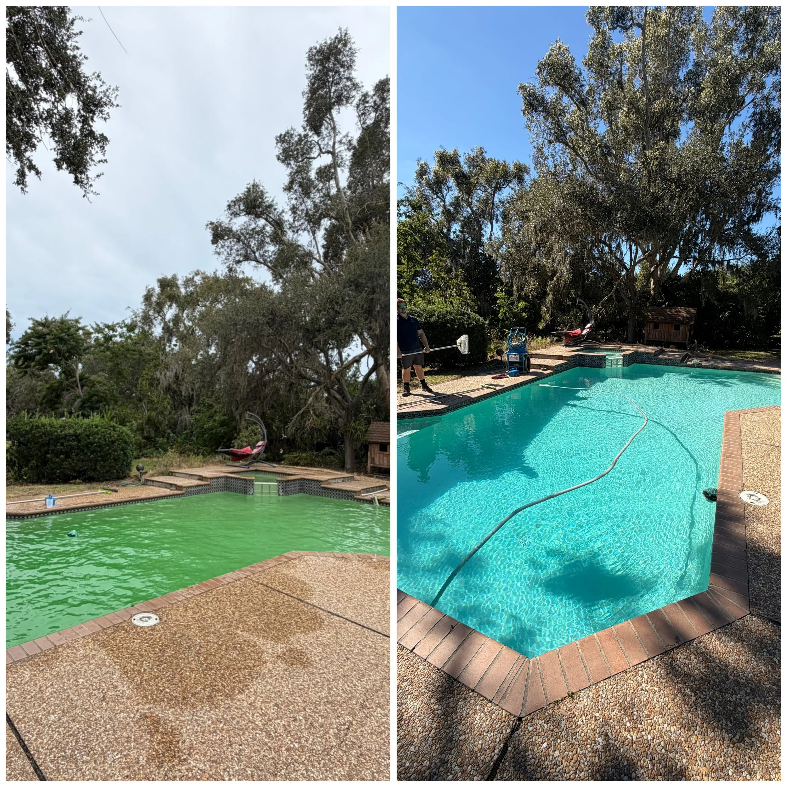 An outdoor swimming pool and hot tub with a brick border on a white patio, surrounded by pool float toys, patio furniture, and garden hoses.