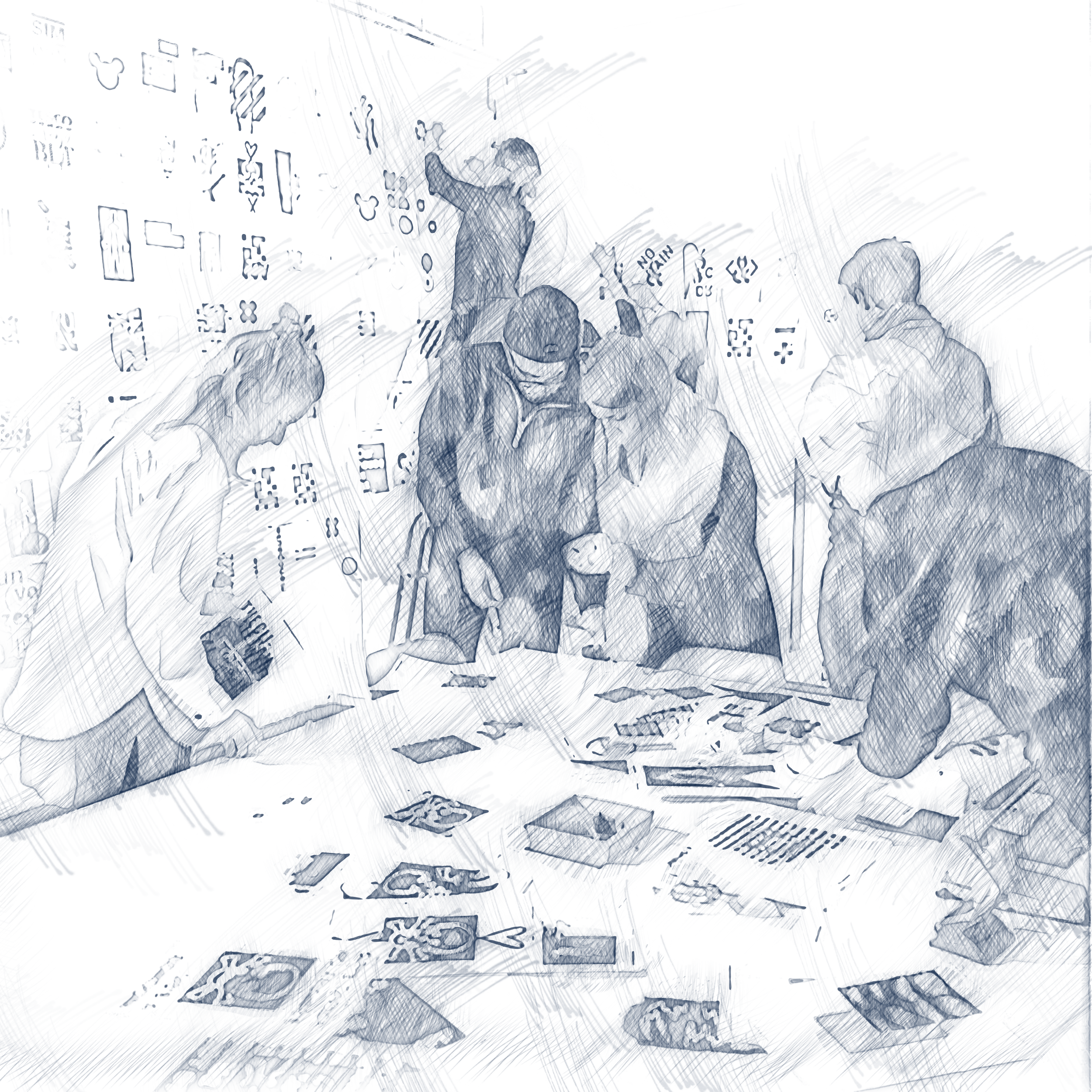 People playing a card game at a table with various cards and game pieces.