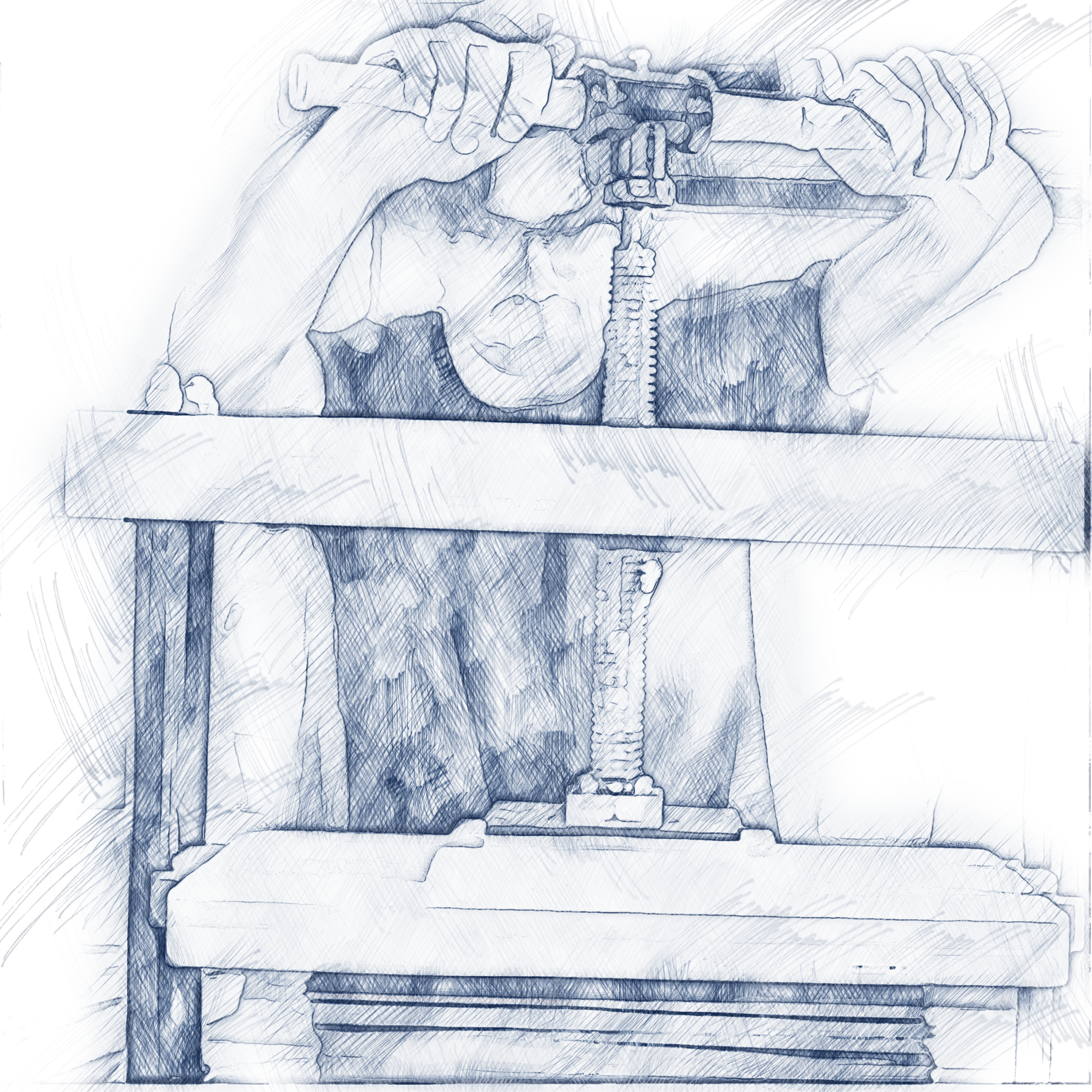 Drawing of a young boy using a handsaw to cut a piece of wood on a workbench.
