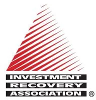 Logo of Investment Recovery Association with red diagonal lines forming a triangle above black text.