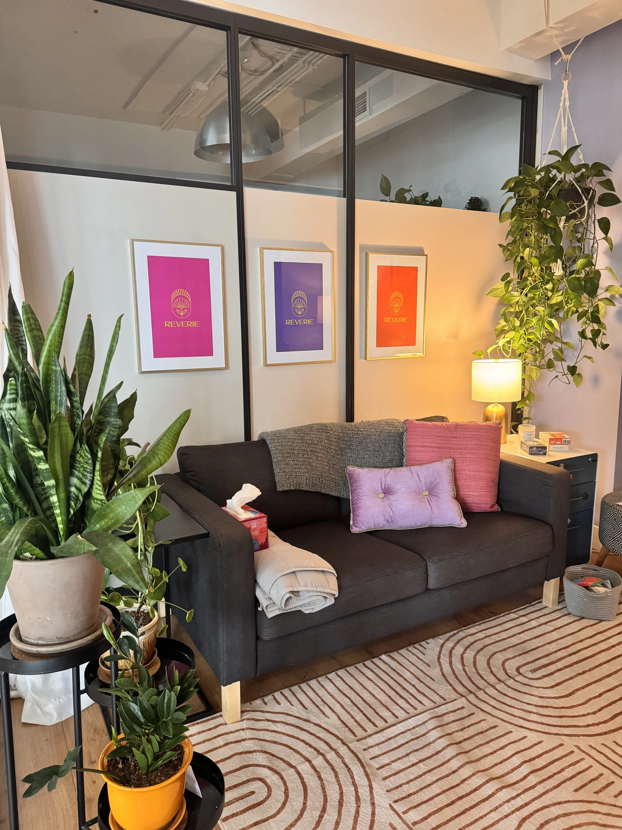 couch and tissues and boho decor in a therapy office