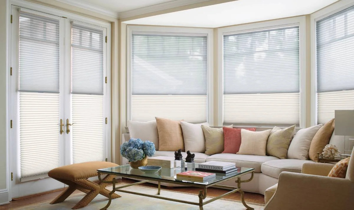 Cellular shades covering multiple windows and French door in traditional living room.