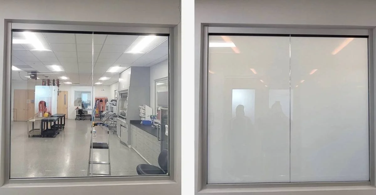 Side by side view of Smart Film powered on and off outside a commercial workspace