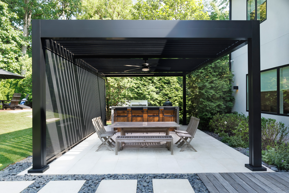 Custom outdoor pergola providing shade in a Greer, SC, backyard.
