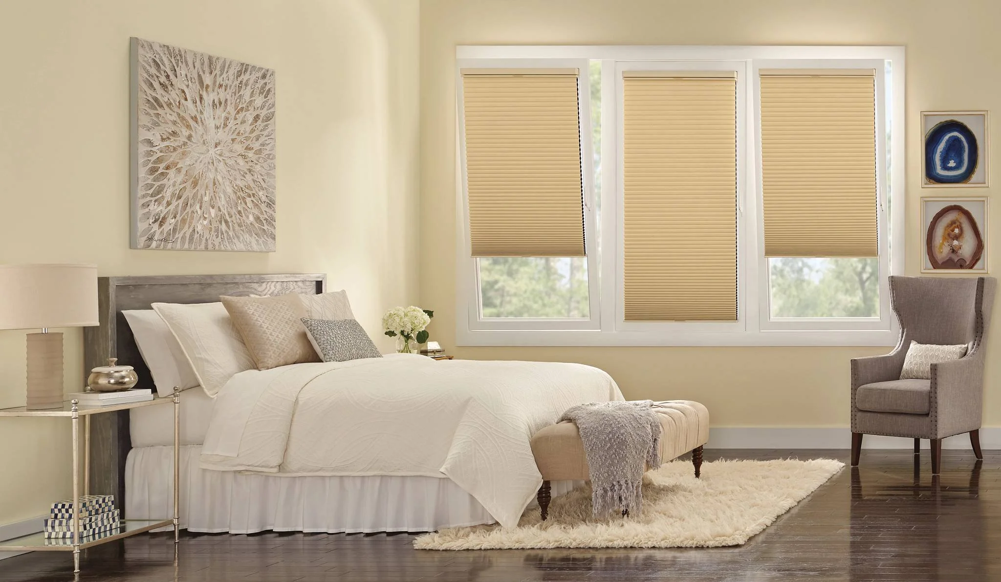 Modern bedroom with Hunter Douglas Duette® Cellular Shades.