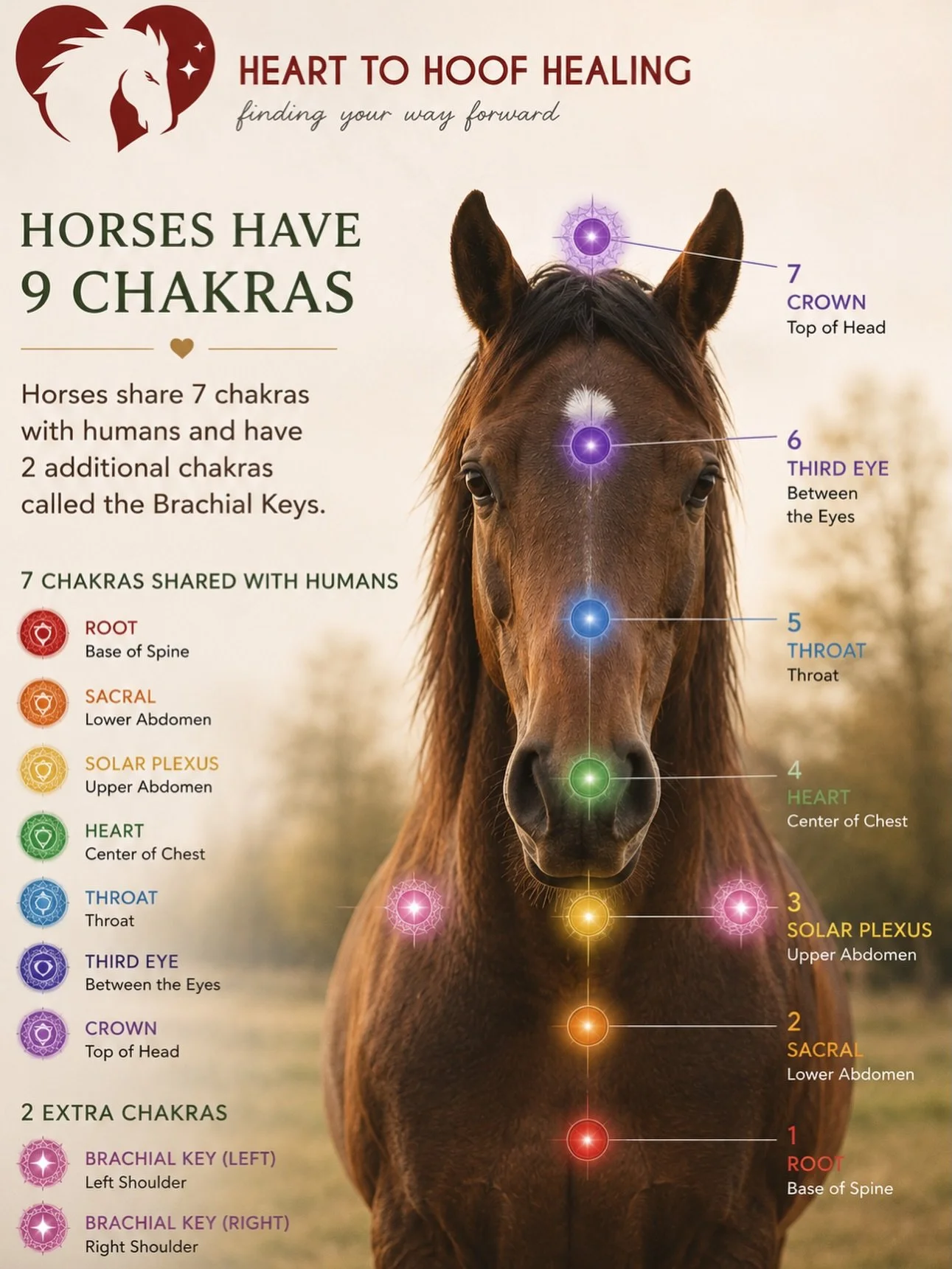 Did you know horses have two additional chakras beyond the seven commonly recognized in humans?

These unique energy centers are known as the Brachial Keys, located on either side of the horse near the shoulder area. In many equine energy traditions,