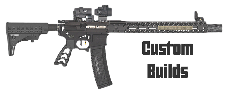 Custom-built semi-automatic rifle with a black stock and grip, tactical scope, rail system, and a graphic label that says 'Custom Builds'.