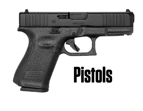A black semi-automatic pistol with the word "Pistols" written below it.