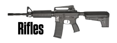 A black semi-automatic rifle with a magazine, scope, and adjustable stock, positioned above a white sign that reads 'Rifles' in bold black letters.